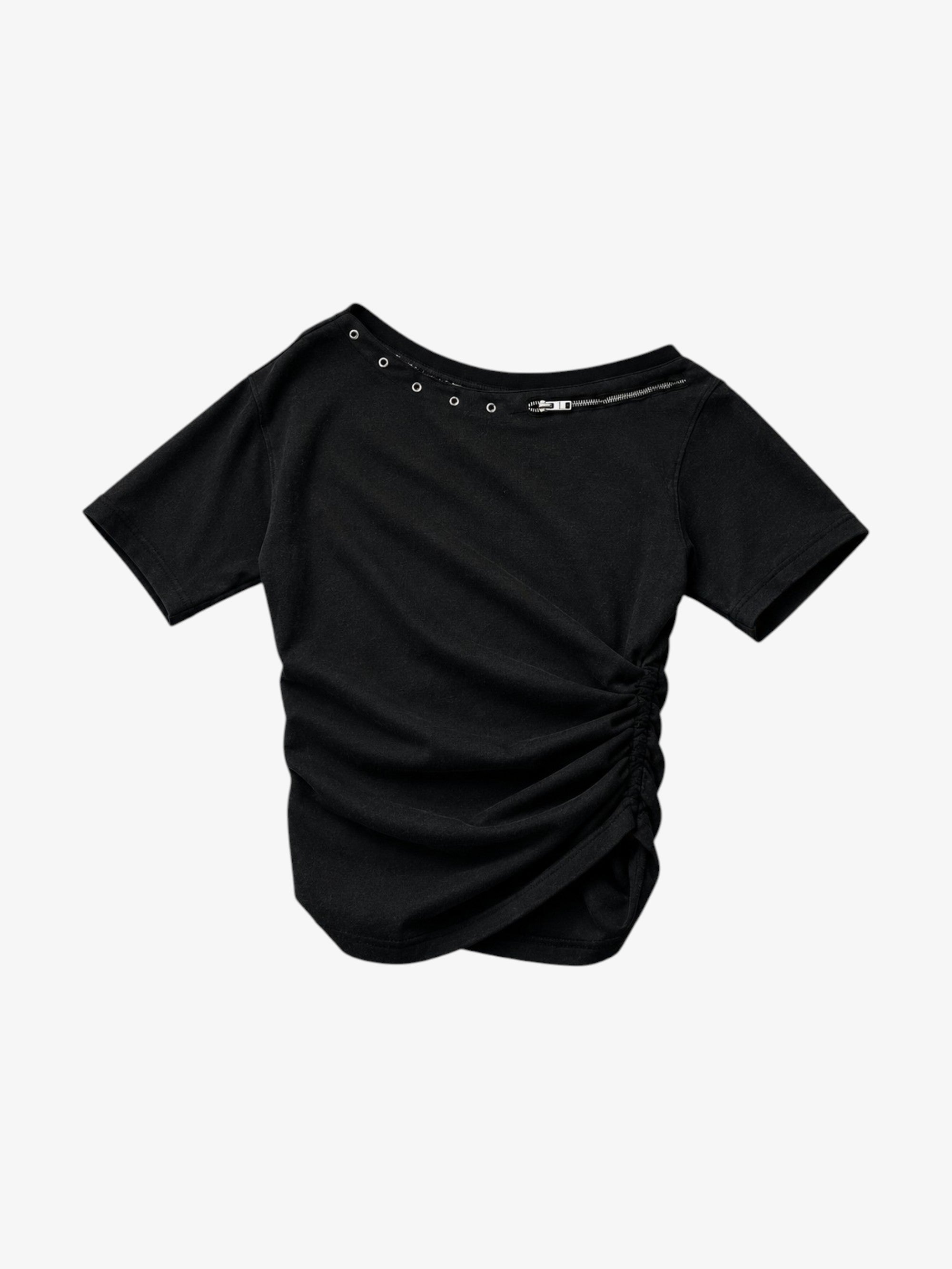 Top froncé col oblique avec zip et œillets sans marque noir en coton, vue de face