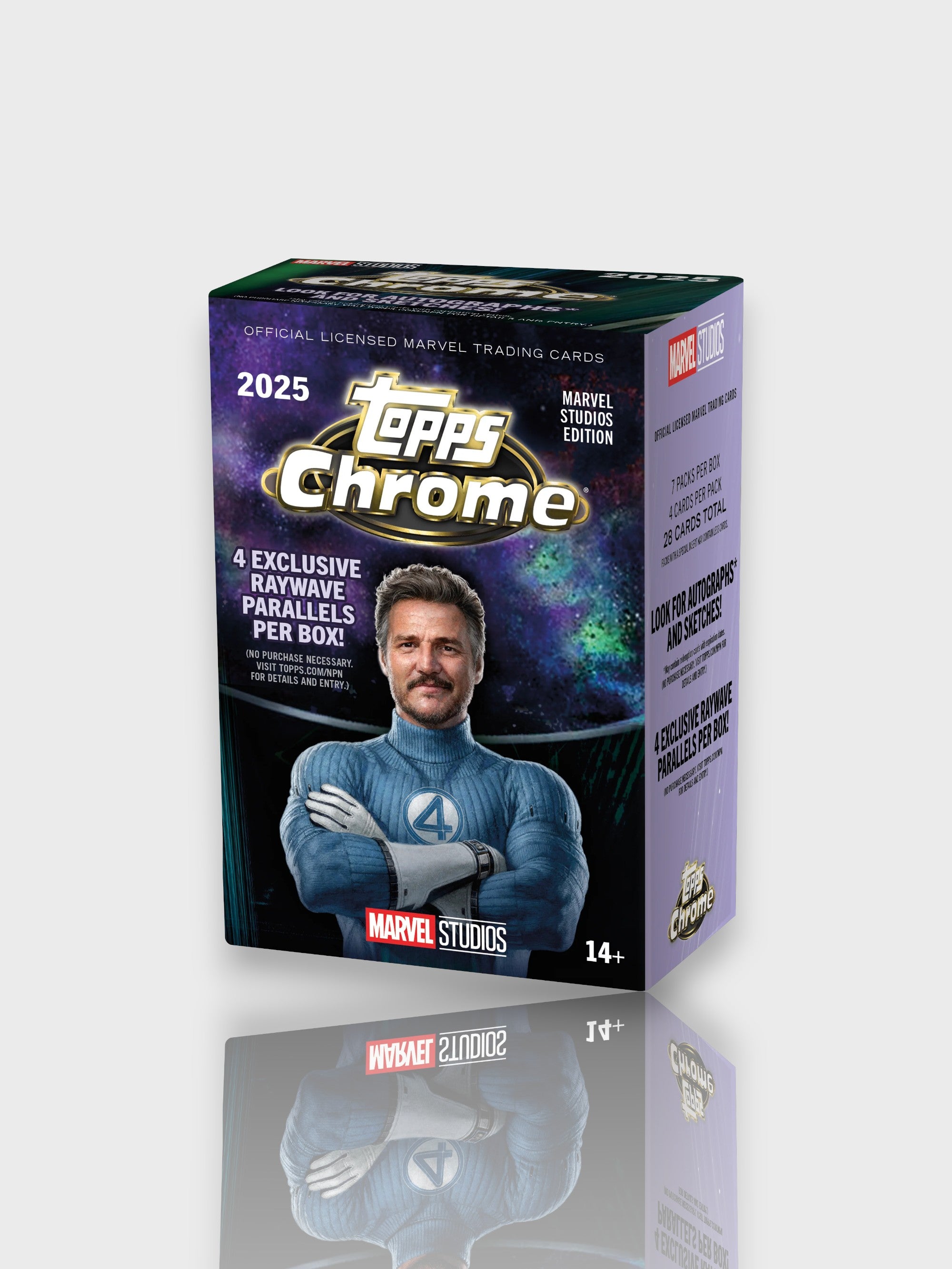 Topps Chrome Marvel Studios Edition 2025 blaster box, cartes à collectionner officielles avec 4 Raywave Parallels exclusifs, vue de face

