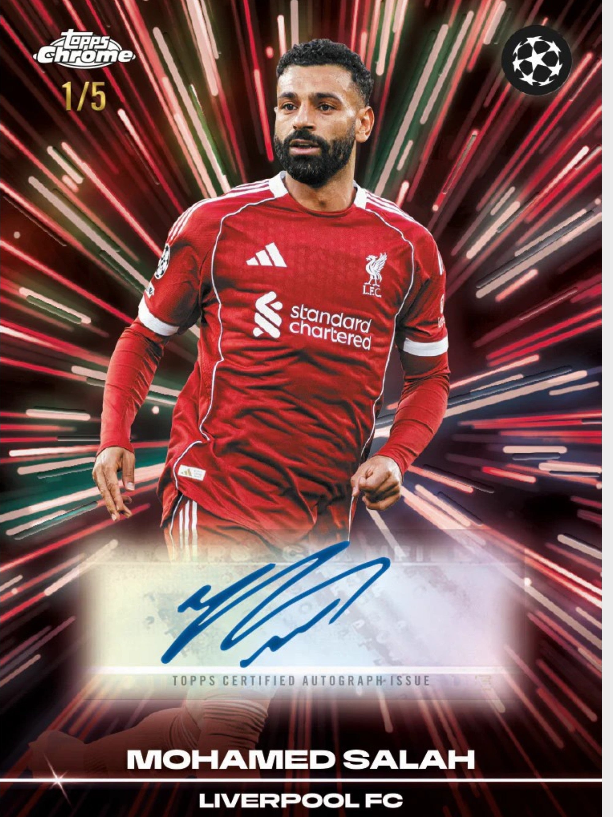 Topps Chrome UEFA Club Competitions 2025-26 - Carte autographe Mohamed Salah numérotée 1/5, Liverpool FC, Champions League
