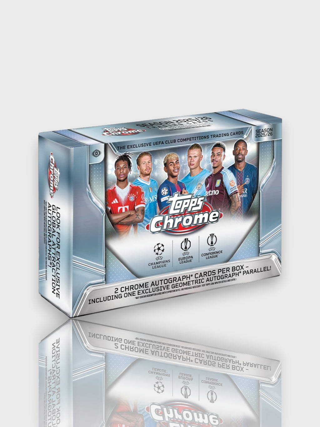 Topps Chrome UEFA Club Competitions 2025-26 Breakers Delight Box - 1 pack, 12 cartes, 2 autographes Chrome garantis, vue de face
