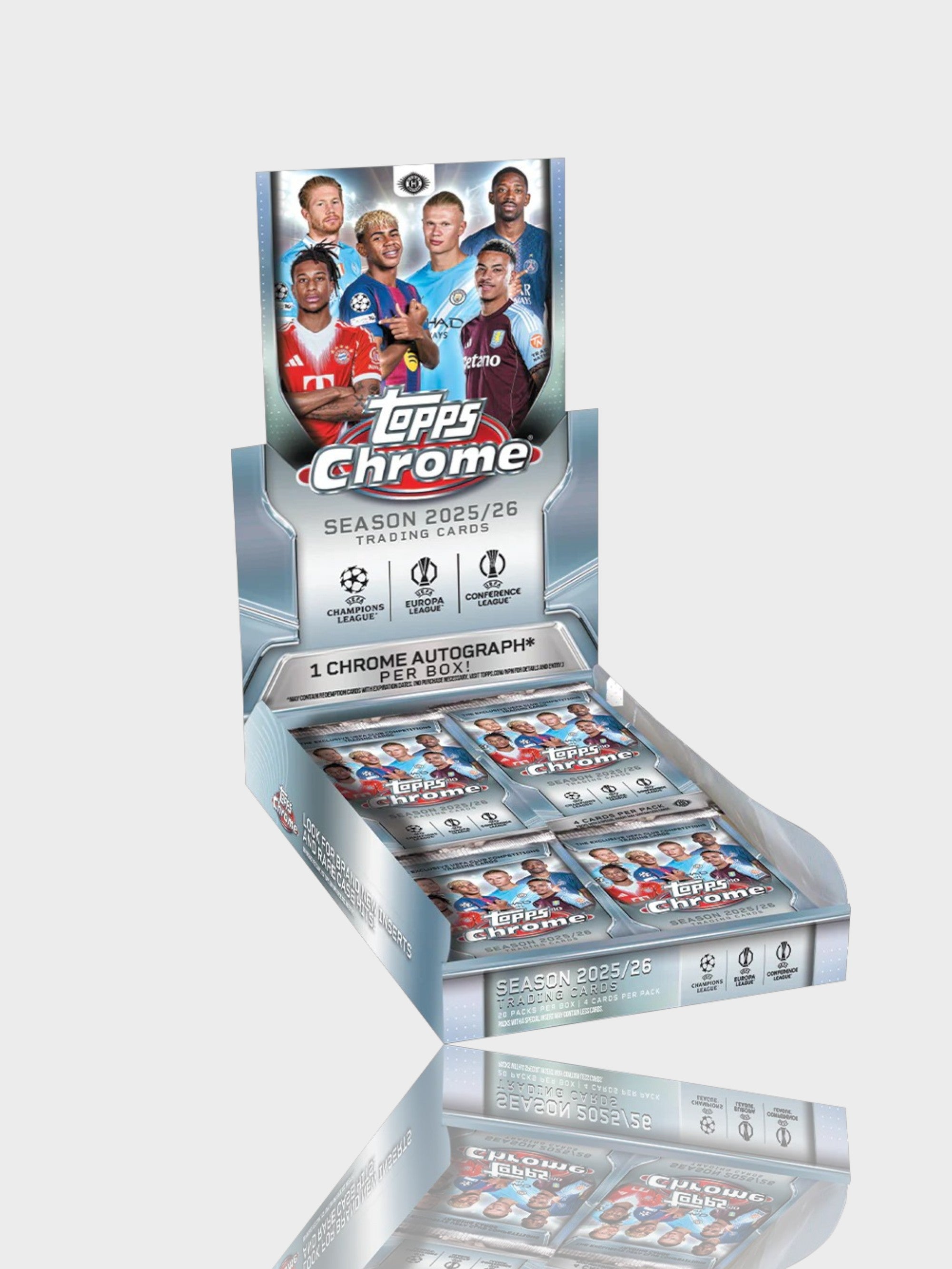 Topps Chrome UEFA Club Competitions 2025-26 Hobby Box - boîte de collection football, 20 packs, 1 autographe garanti, vue de face
