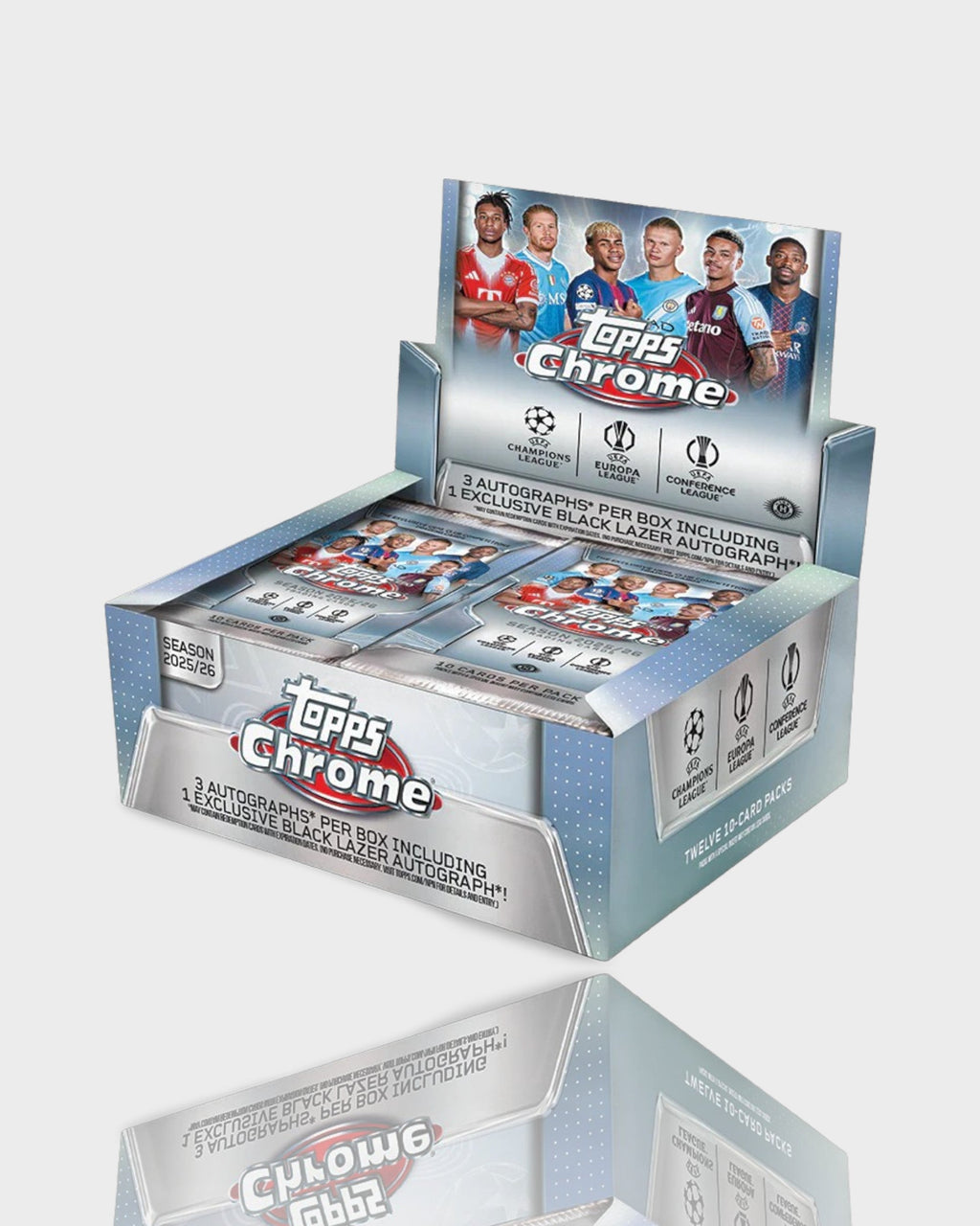 Topps Chrome UEFA Club Competitions 2025-26 Jumbo Box - boîte de collection football, 12 packs, 3 autographes garantis, vue de face
