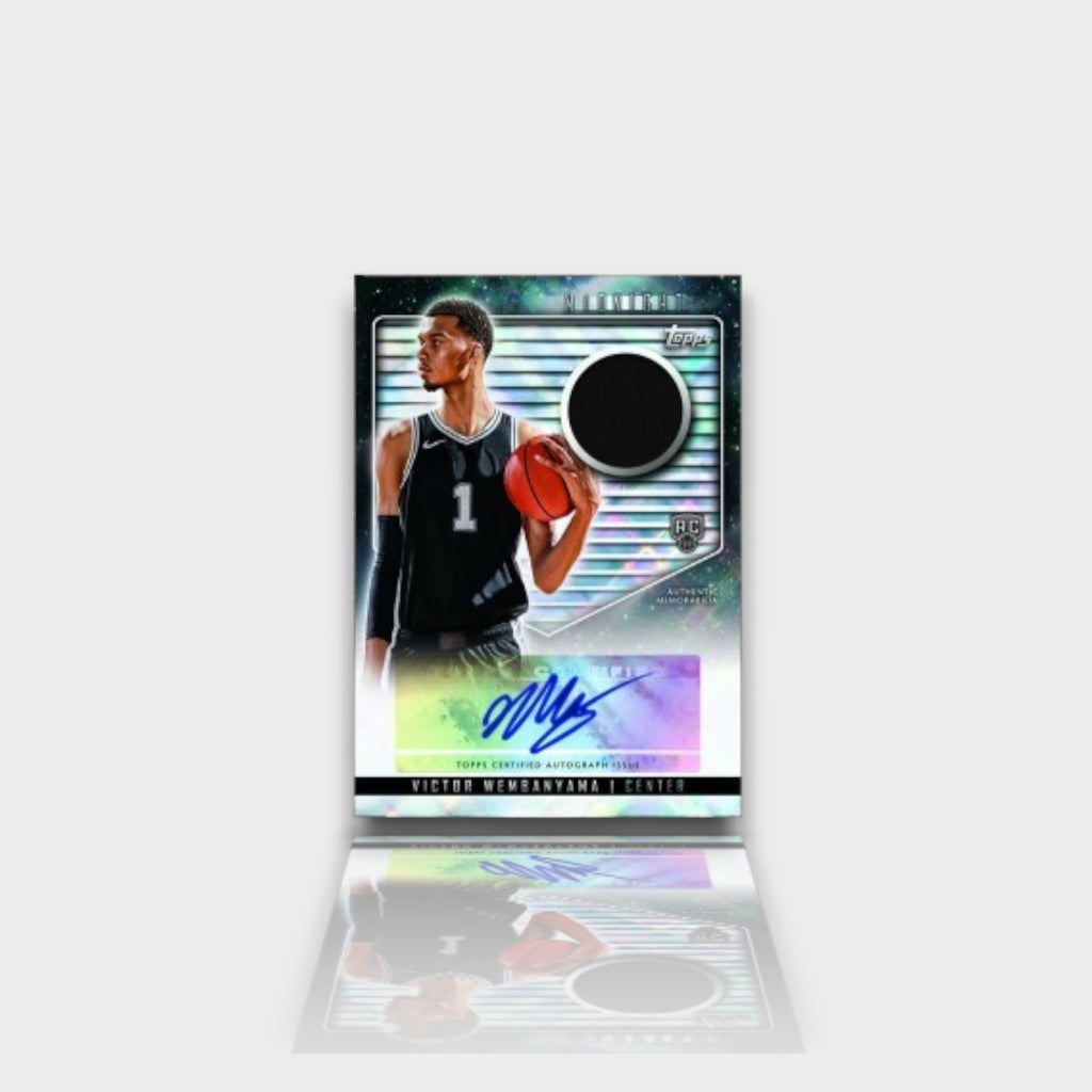 Topps Midnight NBA 2023-2024 carte autographe relique maillot Rookie Victor Wembanyama San Antonio Spurs numéro 1, certifiée Topps, vue de face
