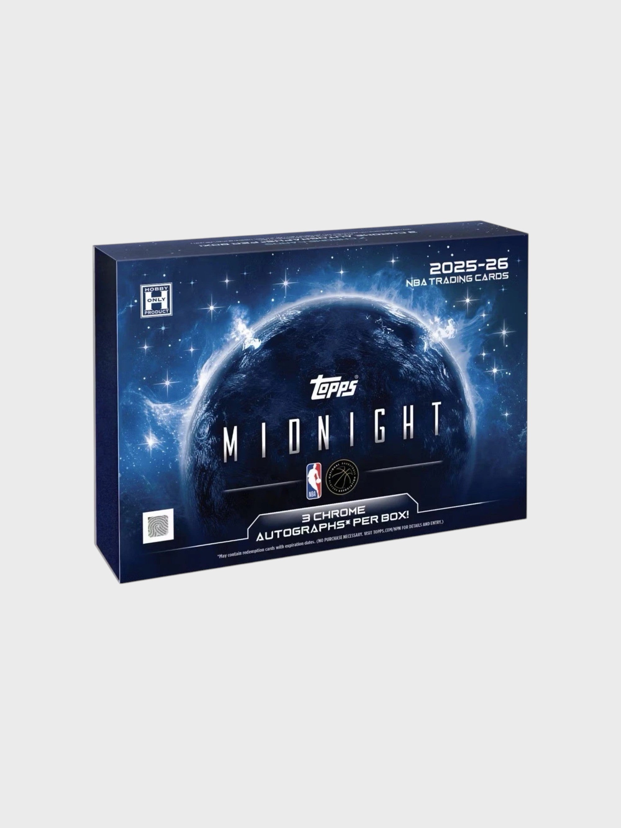 Topps Midnight NBA Trading Cards 2025-26 Hobby Box, avec 3 autographes Chrome par boîte, édition exclusive Hobby Only, vue de face
