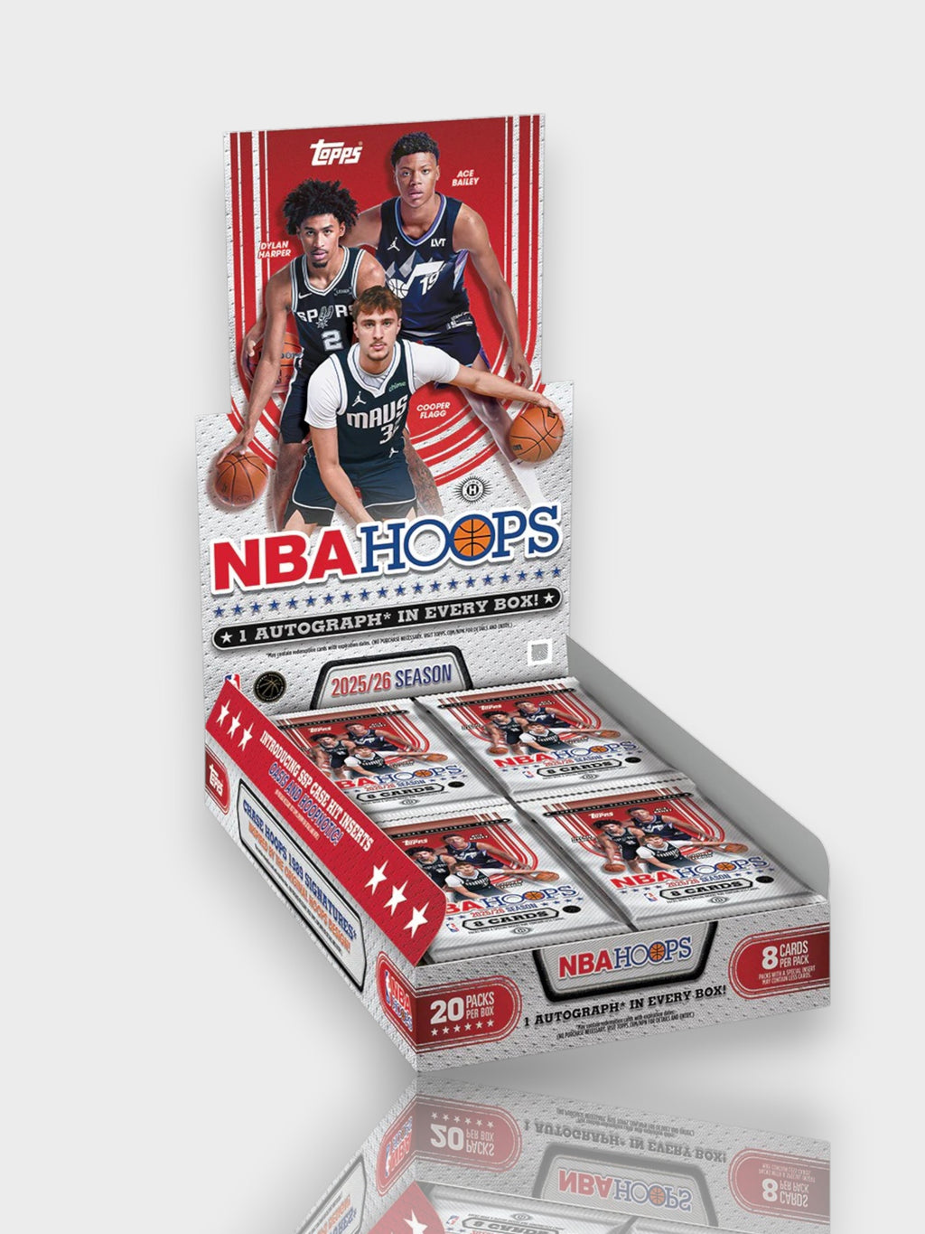 Topps NBA Hoops 2025-26 Hobby Box - 20 packs, 8 cartes par pack, 1 autographe garanti par boîte, saison 2025-26, vue de face
