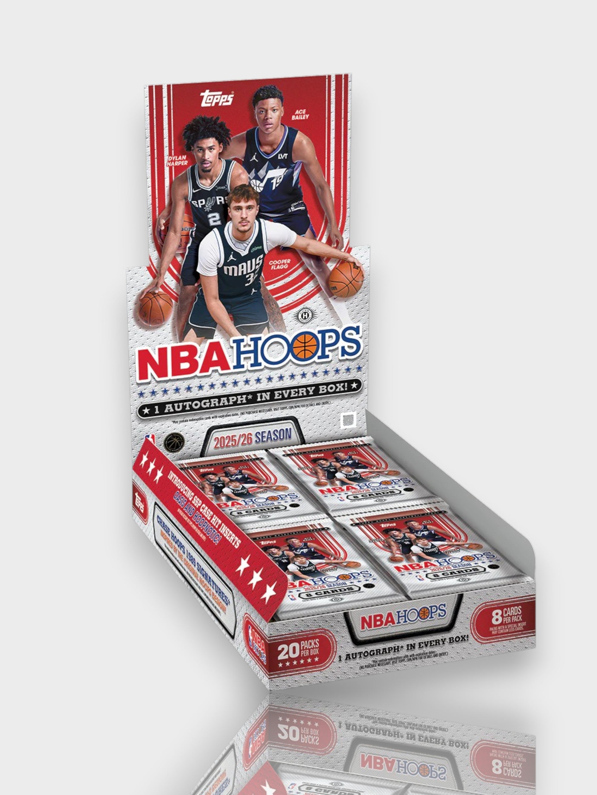 Topps NBA Hoops 2025-26 Hobby Box - 20 packs, 8 cartes par pack, 1 autographe garanti par boîte, saison 2025-26, vue de face

