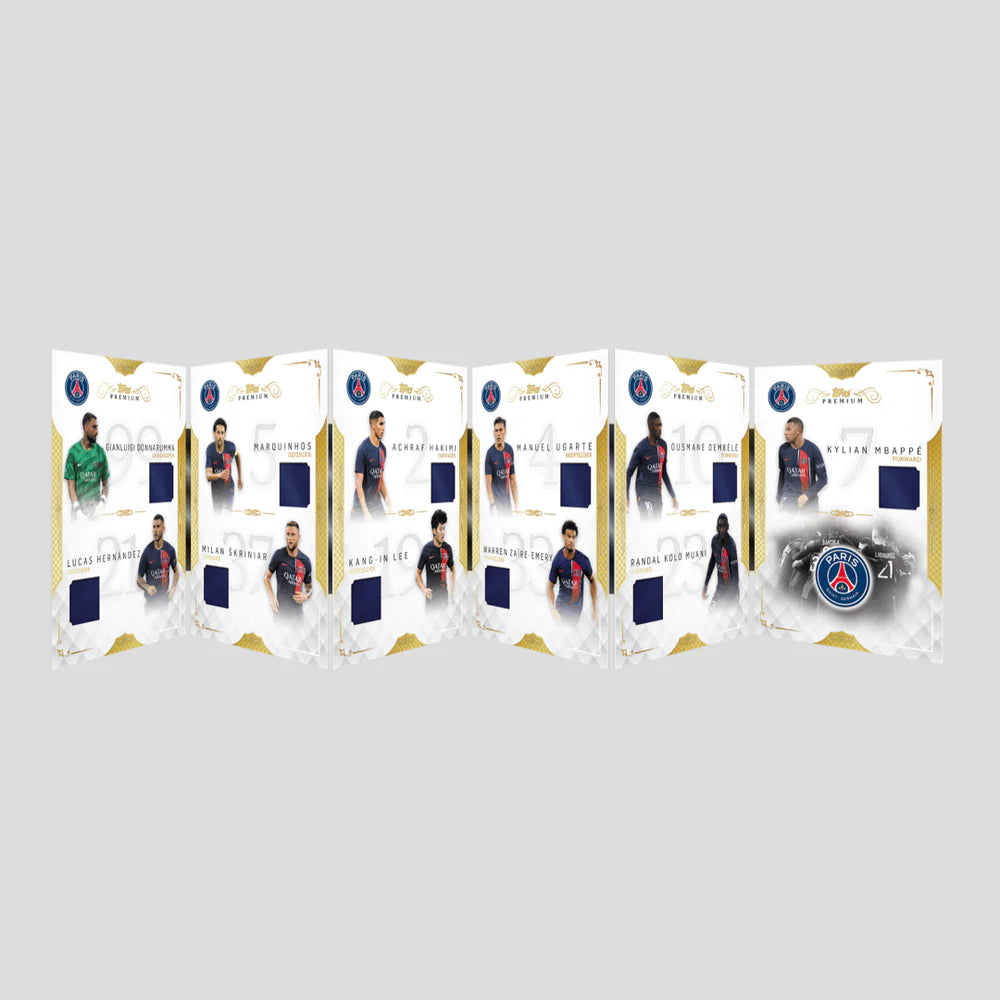 Topps Premium Paris Saint-Germain Black & White 2023-2024 cartes relique maillot avec Mbappé Donnarumma Marquinhos Hakimi Ugarte Dembélé et autres joueurs PSG, vue d'ensemble
