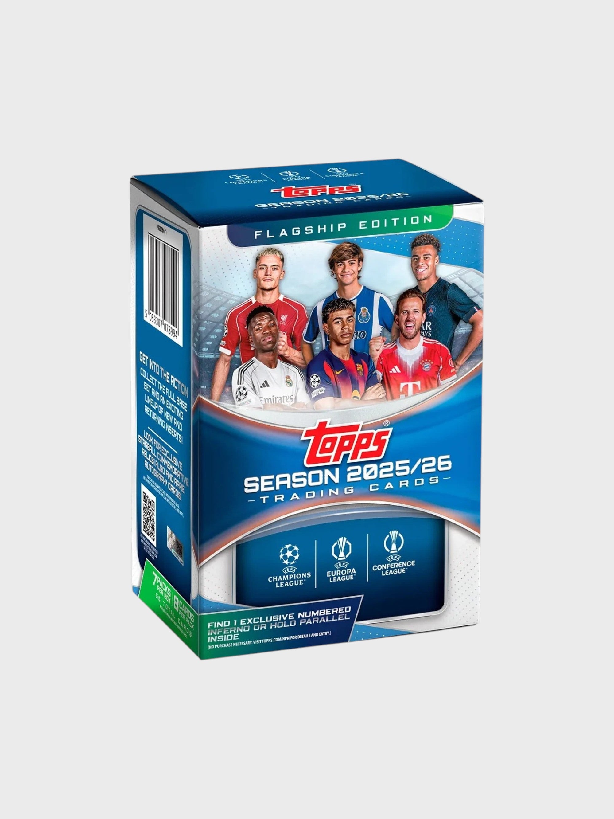 Topps Season 2025/26 Trading Cards Flagship Edition blaster box, UEFA Champions League Europa League Conférence League avec 1 Inferno ou Holo Parallel numéroté exclusif, vue de face

