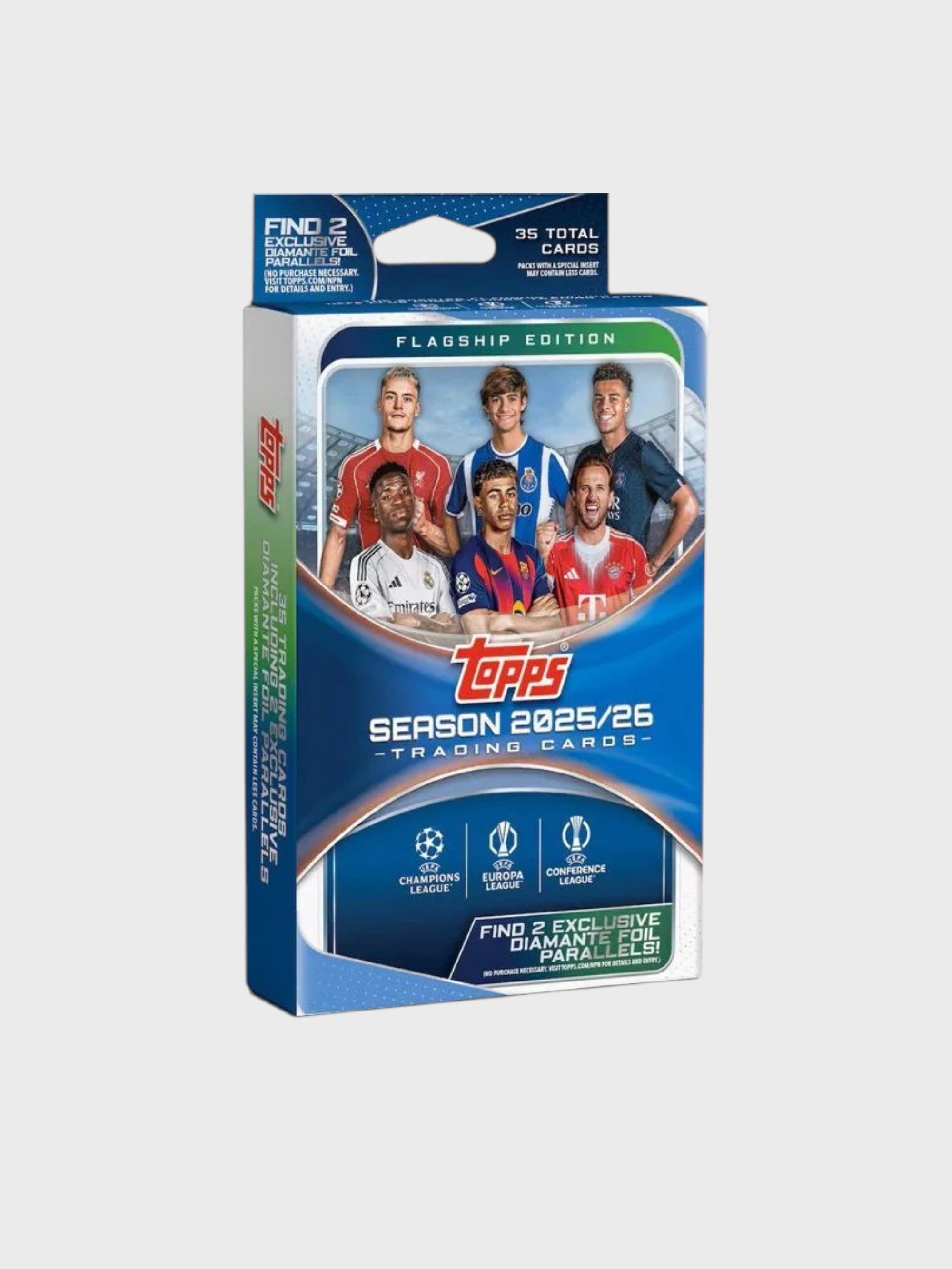Topps Season 2025/26 Trading Cards Flagship Edition, coffret 35 cartes UEFA Champions League Europa League Conférence League avec 2 Diamante Foil Parallels exclusifs, vue de face
