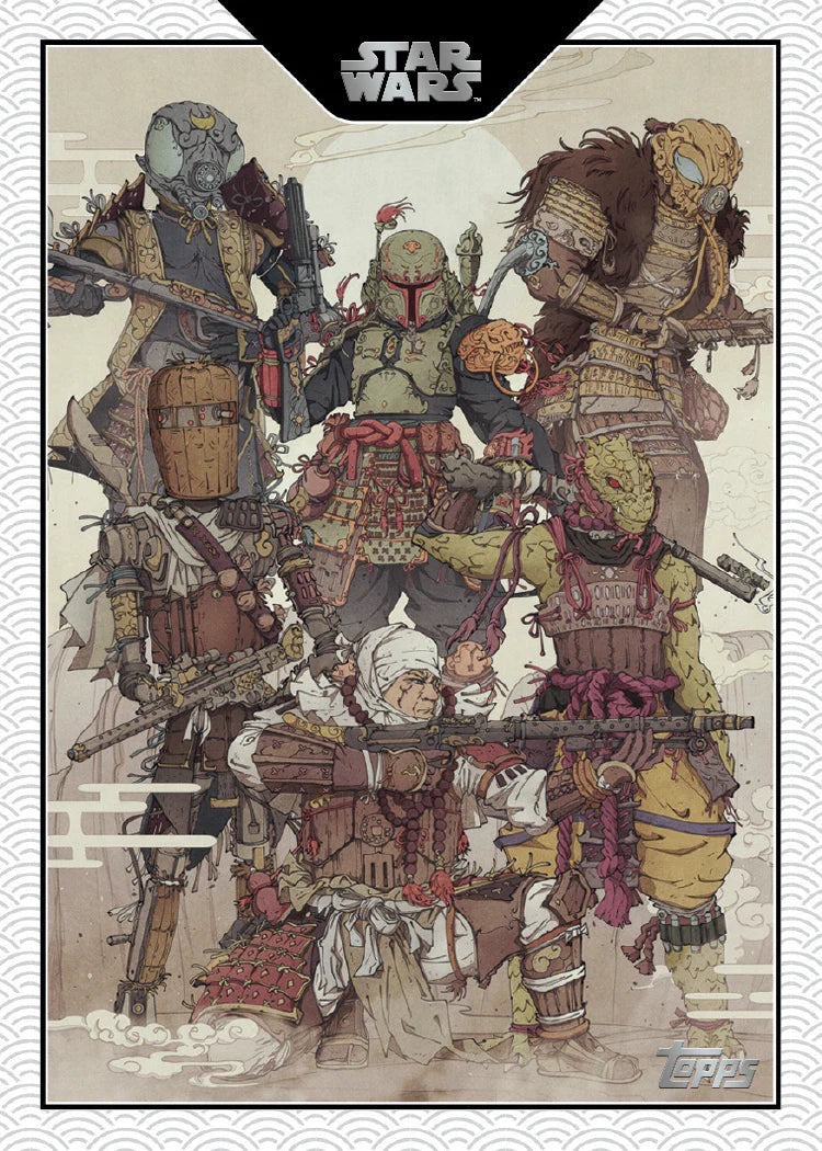 Topps Star Wars Meiyo 2025 carte insert The Mandalorian en armure beskar argentée sur fond étoilé noir, finition Chrome, vue de face
