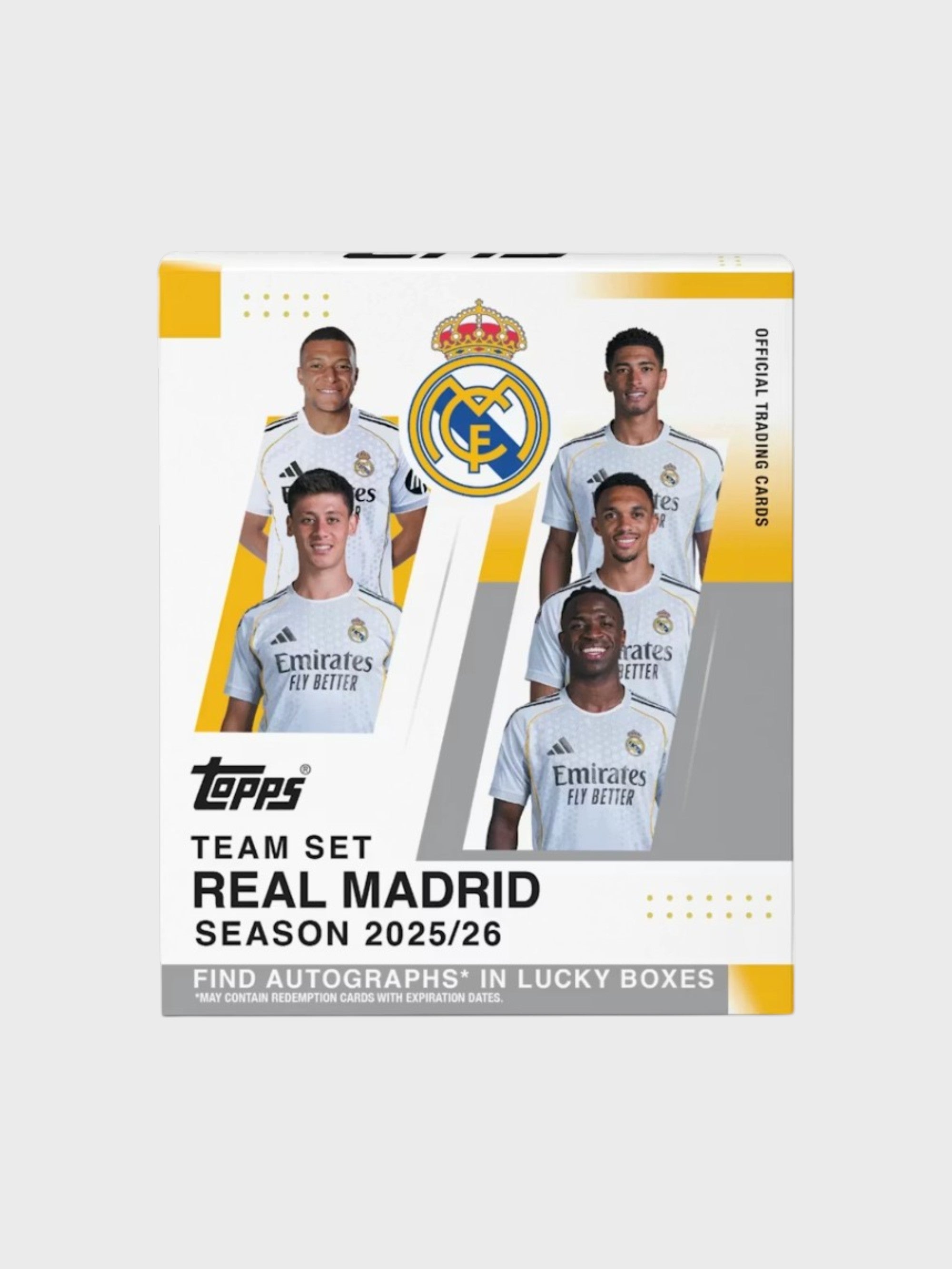 Topps Team Set Real Madrid saison 2025/26, coffret officiel de cartes à collectionner avec autographes possibles, vue de face
