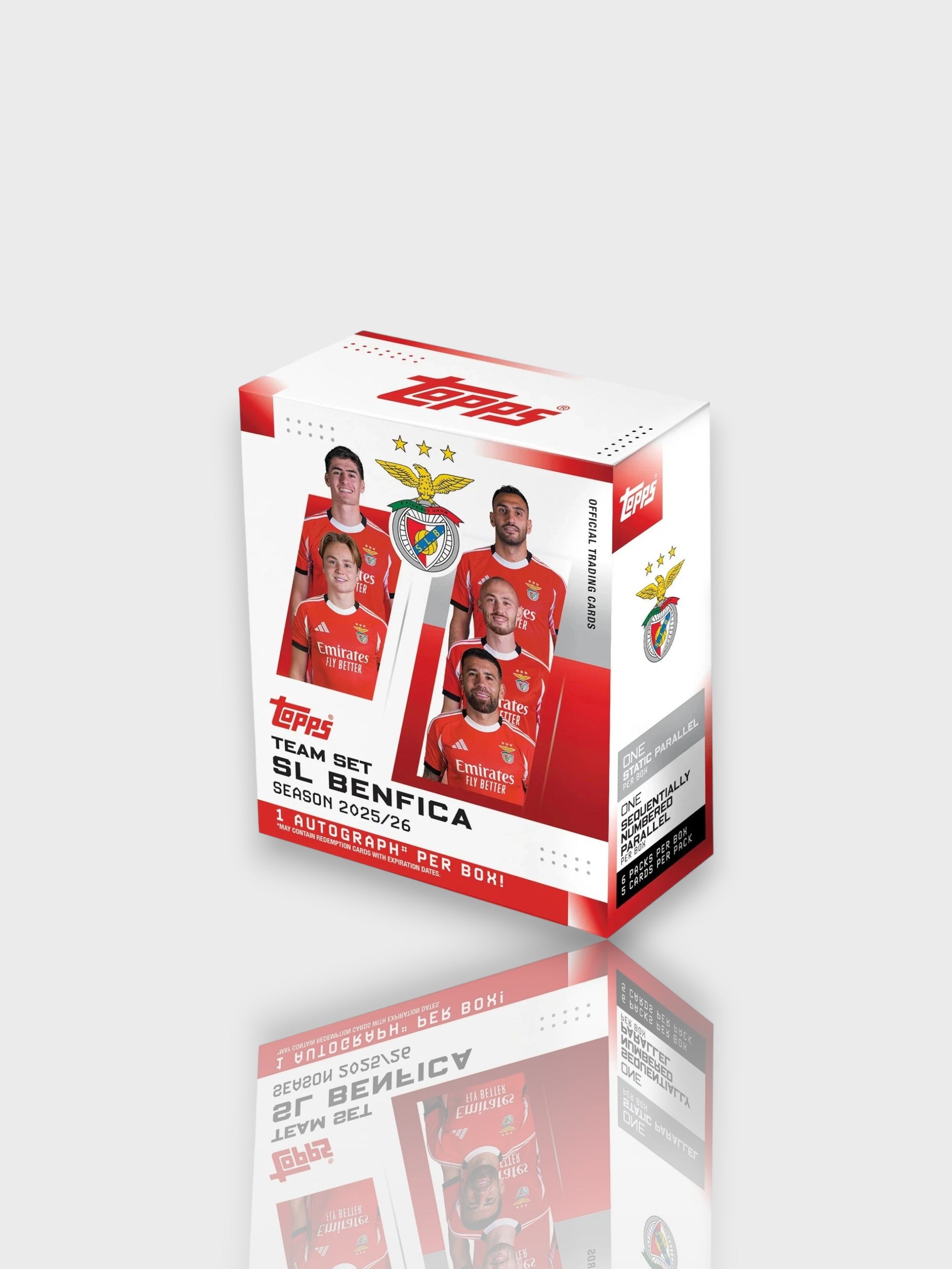 Topps Team Set SL Benfica 2025-26 - 6 packs, 5 cartes par pack, 1 autographe garanti, 2 cartes numérotées, vue de face
