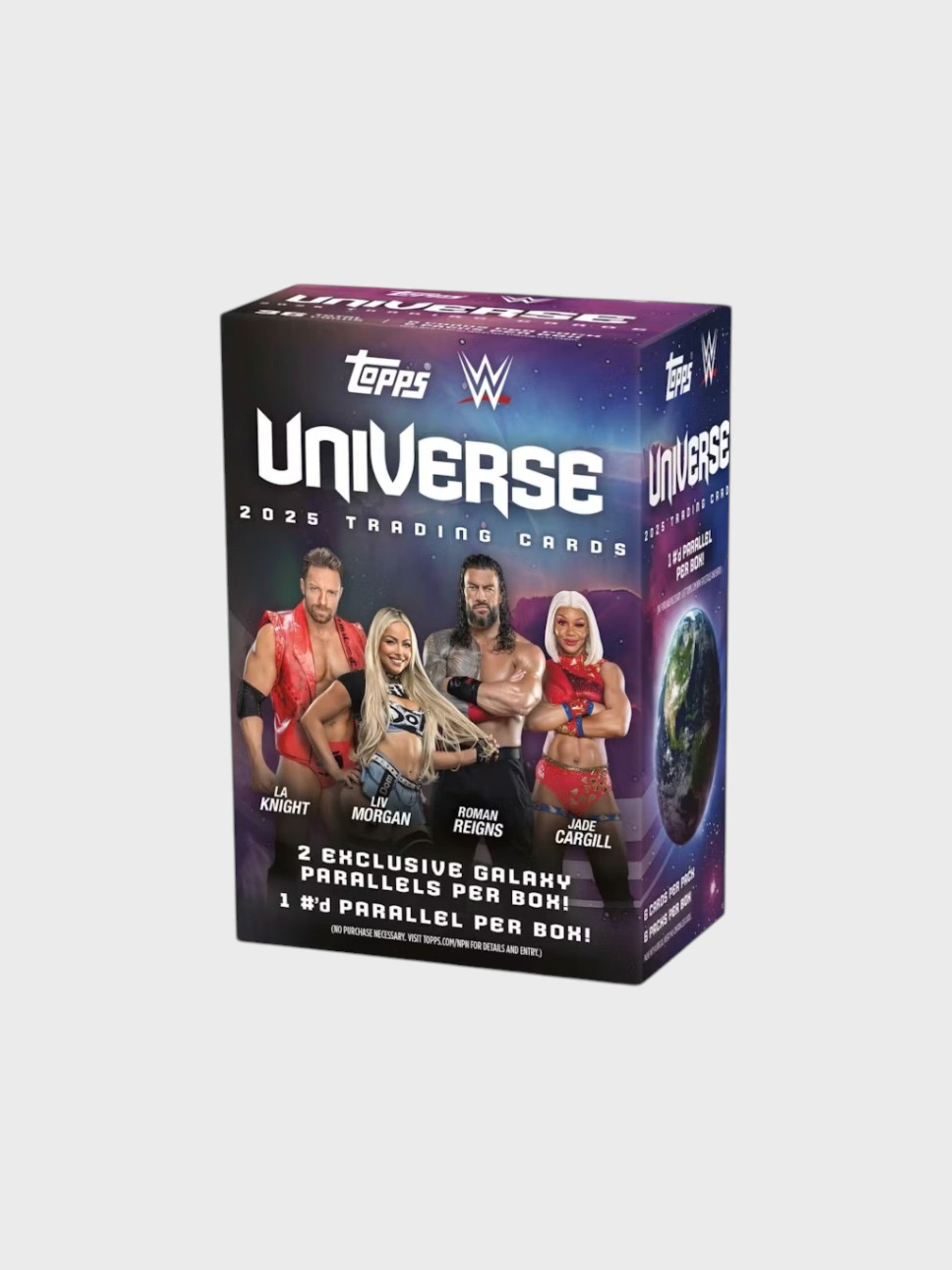 Topps WWE Universe 2025 Trading Cards blaster box, avec 2 Galaxy Parallels exclusifs et 1 Parallel numéroté par boîte, vue de face
