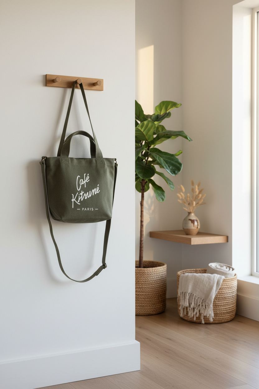Tote bag bandoulière logo Café Kitsuné Paris vert kaki et blanc en toile de coton, accroché sur une patère en bois dans une entrée minimaliste avec plante verte et paniers en osier