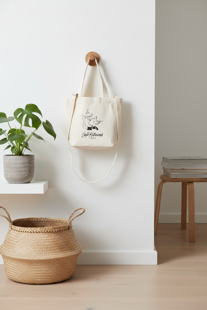Tote bag bandoulière motif renard logo Café Kitsuné Paris écru et noir en toile de coton, accroché sur une patère ronde en bois dans un intérieur minimaliste scandinave avec plante monstera et panier en osier