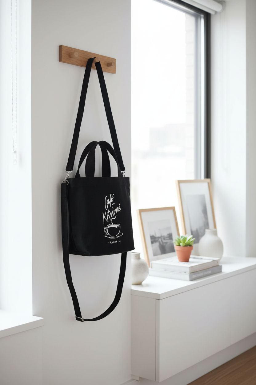 Tote bag bandoulière motif tasse logo Café Kitsuné Paris noir et blanc en toile de coton avec anses courtes et longue bandoulière réglable, accroché sur une patère en bois sur mur blanc, intérieur minimaliste avec cadres photo dorés succulente en pot terre cuite et vase blanc, lumière naturelle