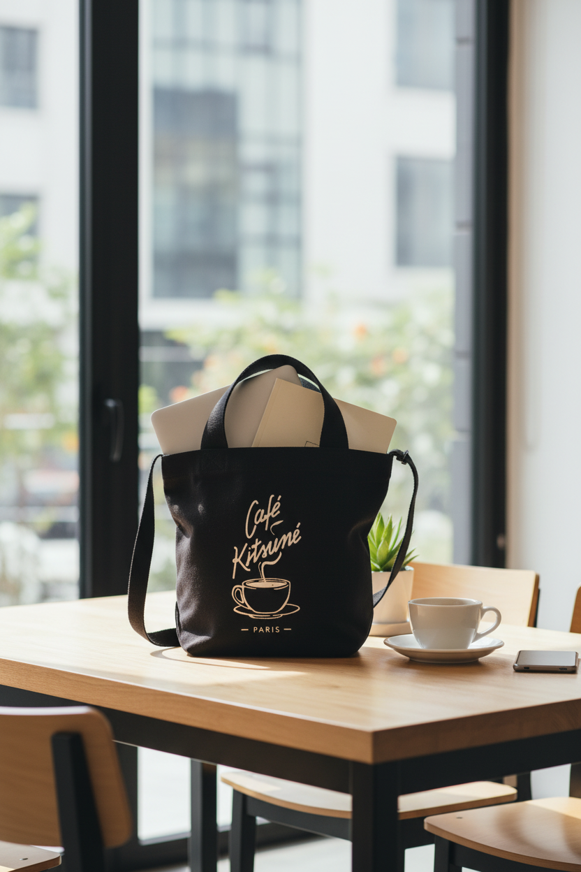 Tote bag bandoulière motif tasse logo Café Kitsuné Paris noir et blanc en toile de coton rempli de laptop et documents, posé sur une table en bois de café moderne avec tasse d'espresso blanche succulente et smartphone, grandes baies vitrées lumière naturelle urbaine