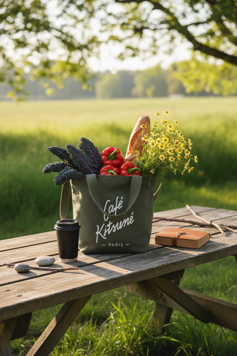 Tote bag logo Café Kitsuné Paris vert kaki et blanc en toile de coton rempli de légumes baguette et fleurs sauvages, posé sur une table de pique-nique en bois dans un parc verdoyant lumière dorée