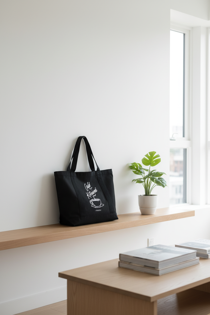 Tote bag logo tasse Café Kitsuné Paris noir et blanc en toile de coton, posé sur une étagère en bois dans un intérieur minimaliste blanc avec plante monstera en pot blanc et livres empilés, lumière naturelle