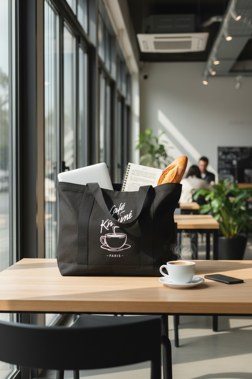 Tote bag logo tasse Café Kitsuné Paris noir et blanc en toile de coton rempli de laptop baguette et carnet, posé sur une table en bois de café moderne avec tasse d'espresso et smartphone, lumière naturelle grandes baies vitrées