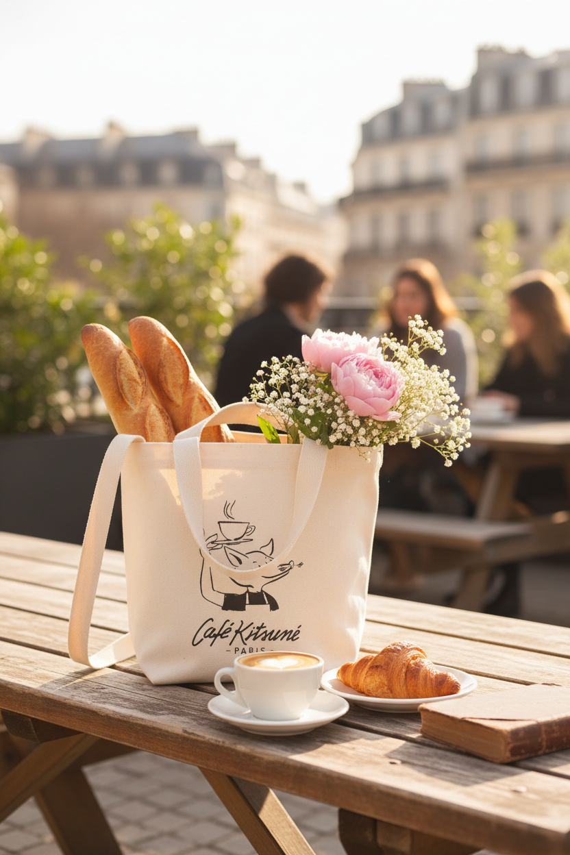 Tote bag motif renard logo Café Kitsuné Paris écru et noir en toile de coton rempli de baguettes et pivoines roses, posé sur une table en bois de terrasse parisienne avec tasse de café latte et croissant, lumière dorée