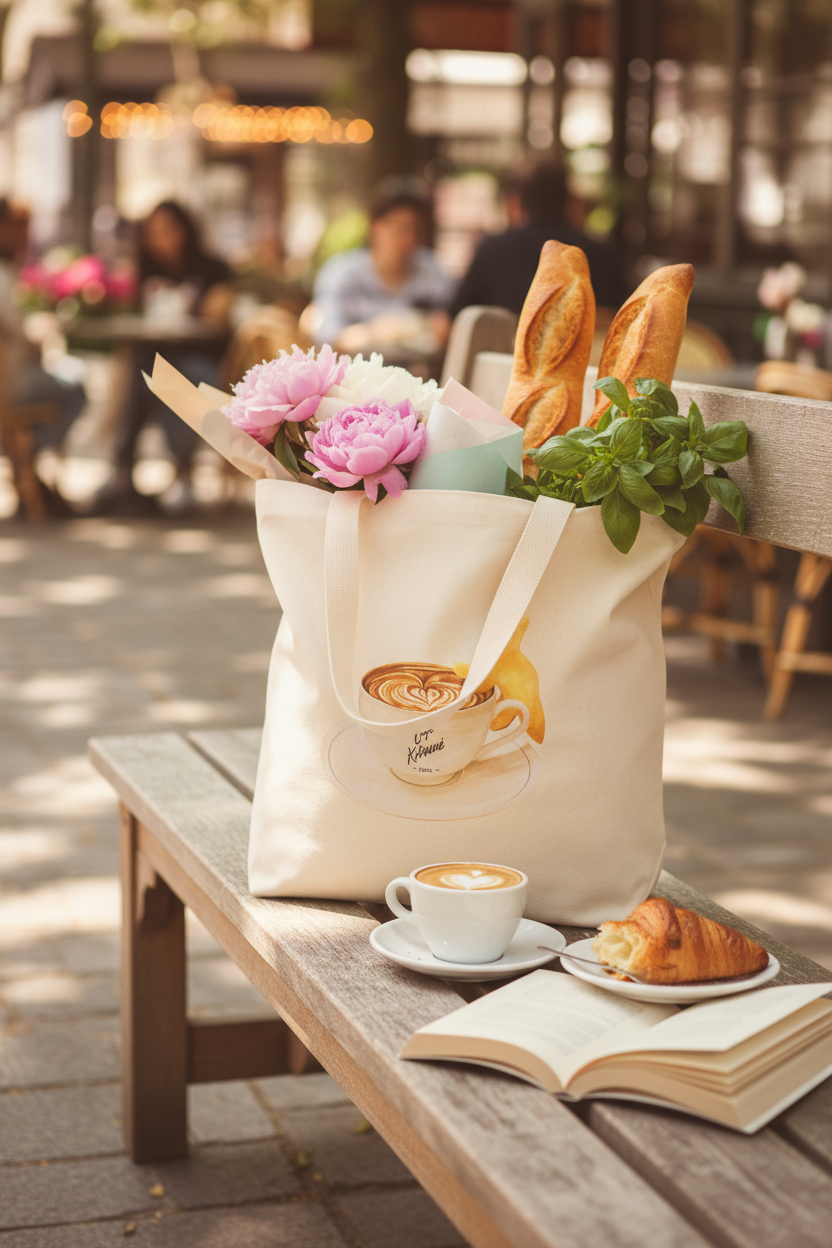 Tote bag motif tasse latte art logo Café Kitsuné Paris écru et noir en toile de coton rempli de pivoines roses baguettes et basilic, posé sur un banc en bois de terrasse parisienne avec cappuccino croissant et livre ouvert, lumière dorée chaude