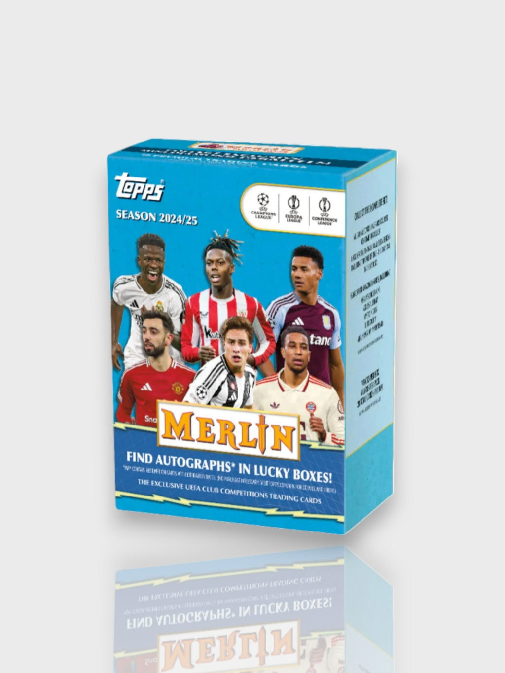 Boîte de cartes à collectionner Merlin Topps UEFA Champions League 2024/25, vue de face avec autographes lucky box