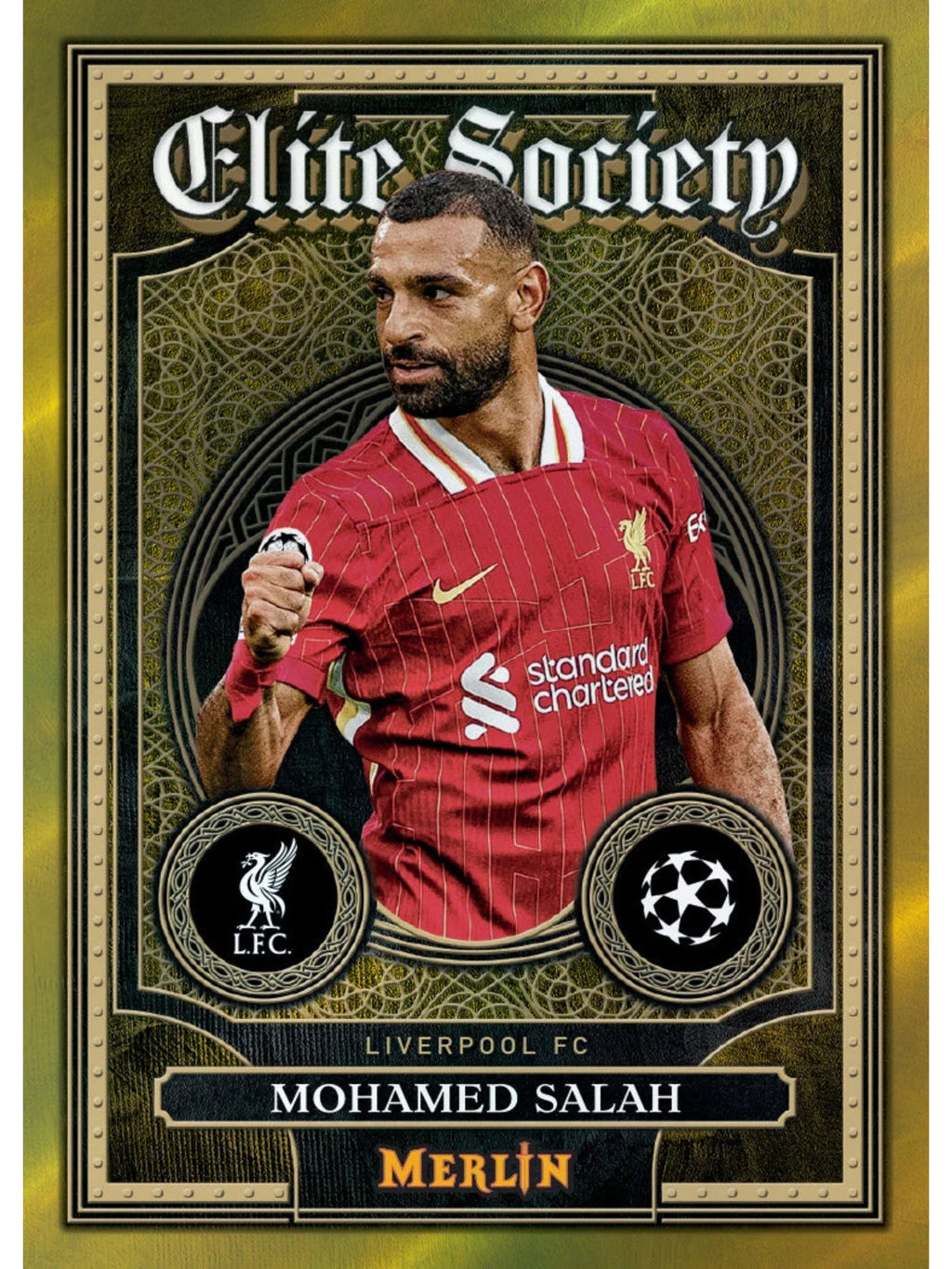 Carte à collectionner Merlin Elite Society Topps Mohamed Salah Liverpool FC UEFA Champions League 2024/25, vue de face bordure dorée