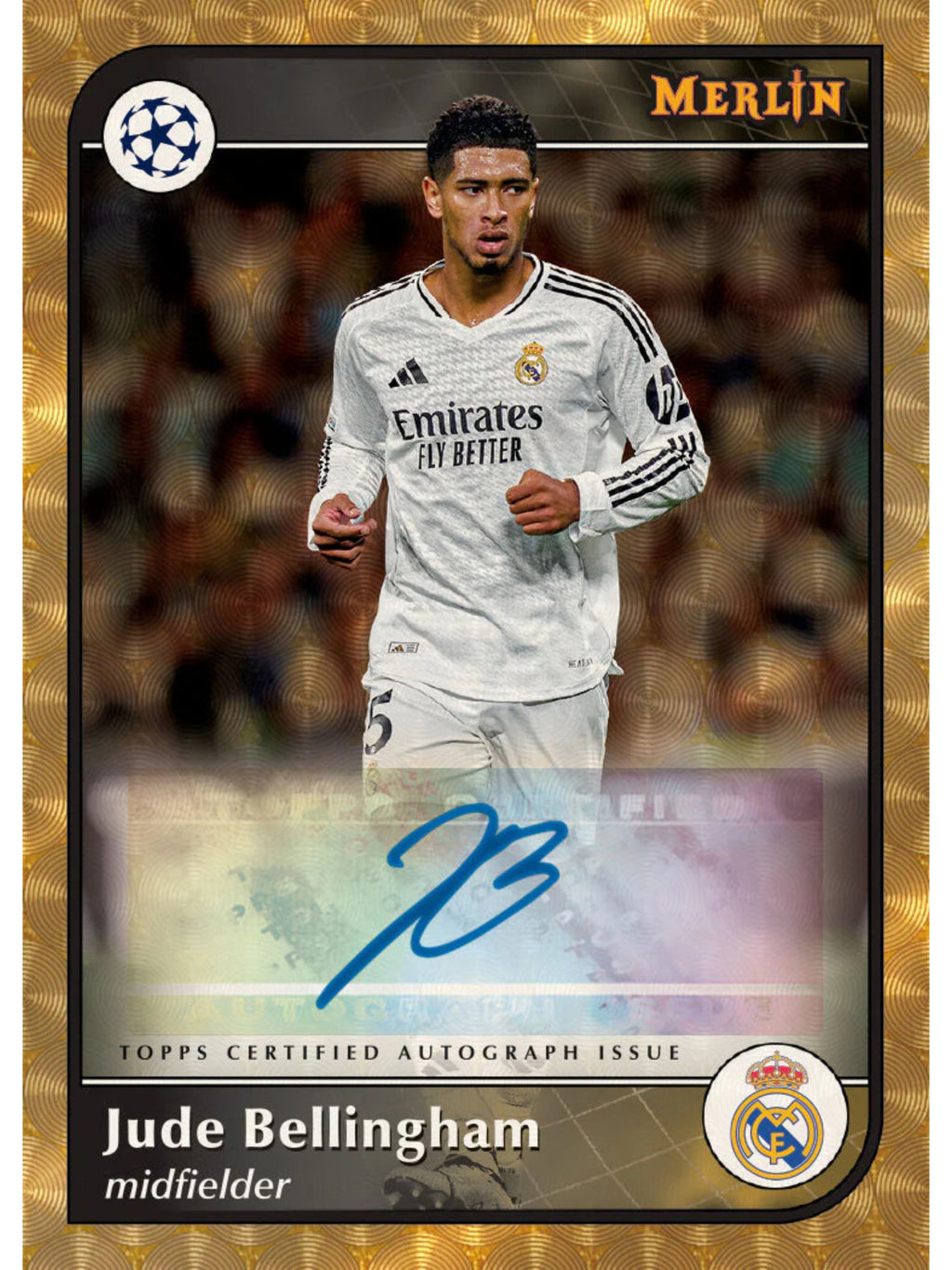 Carte à collectionner Merlin autographe certifié Topps Jude Bellingham Real Madrid milieu de terrain 2024/25, vue de face bordure dorée