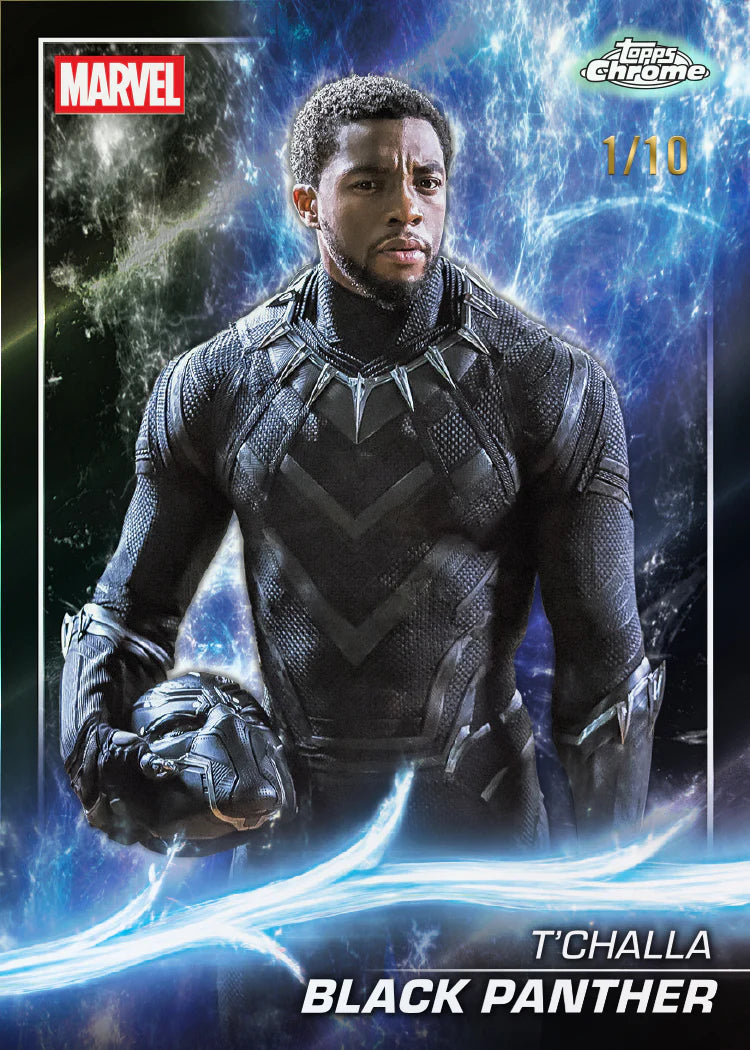 Carte à collectionner chrome Topps Marvel Black Panther T'Challa 2025, vue de face édition limitée 1/10