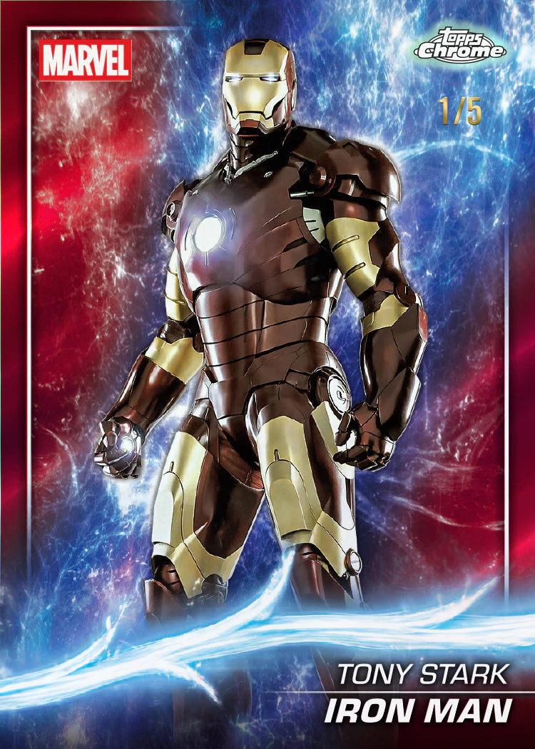 Carte à collectionner chrome Topps Marvel Iron Man 2025, vue de face édition limitée 1/5