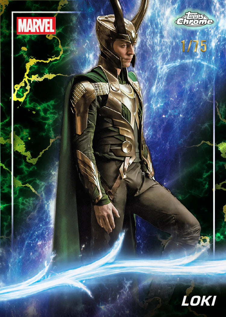 Carte à collectionner chrome Topps Marvel Loki 2025, vue de face édition limitée 1/75