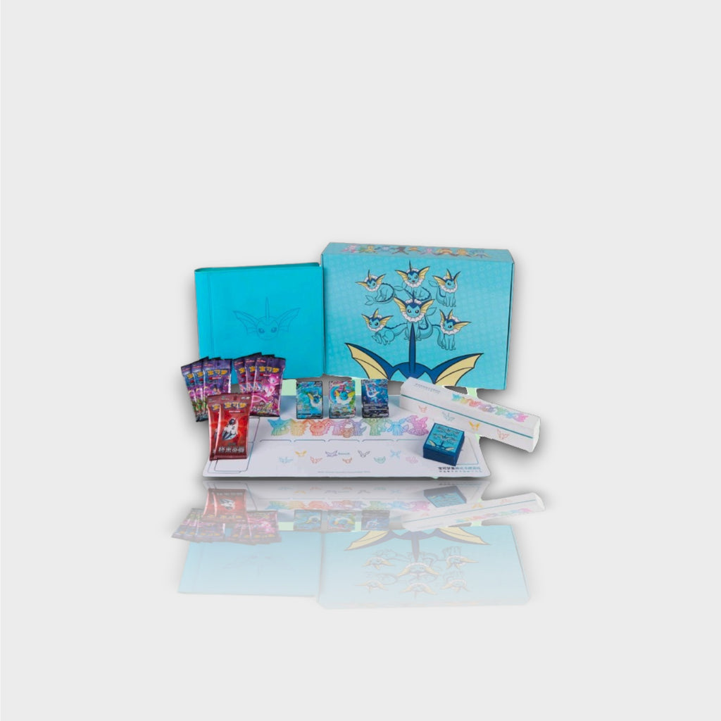 Pokémon Vaporeon VMAX Special Collection Box édition chinoise coffret ouvert avec boîte bleue turquoise packs de boosters cartes promo Vaporeon plateau de jeu et accessoires, vue d'ensemble

