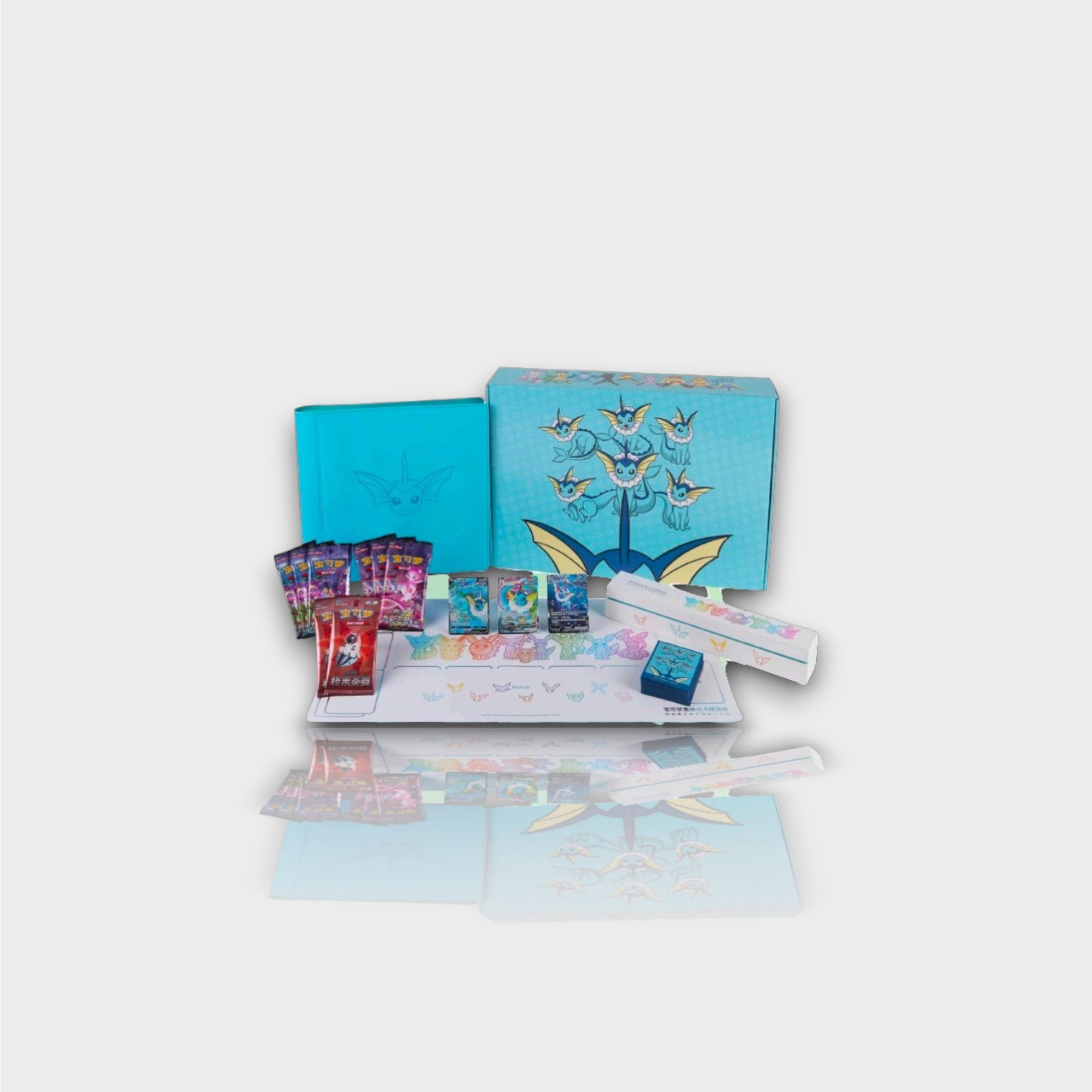 Pokémon Vaporeon VMAX Special Collection Box édition chinoise coffret ouvert avec boîte bleue turquoise packs de boosters cartes promo Vaporeon plateau de jeu et accessoires, vue d'ensemble
