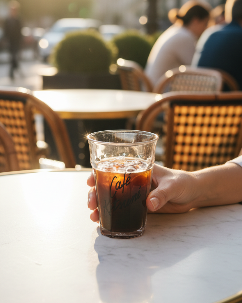 Verre café glacé logo gravé Café Kitsuné transparent avec café noir sur glaçons, tenu par une main en terrasse parisienne avec chaises en rotin et tables en marbre, lumière dorée