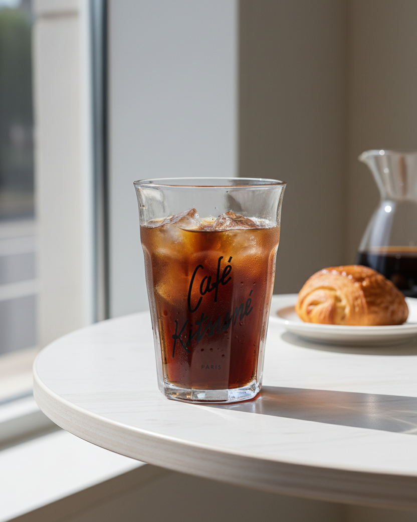 Verre café glacé logo gravé Café Kitsuné transparent avec café noir sur glaçons, posé sur une table ronde blanche avec viennoiserie et carafe de café, lumière naturelle