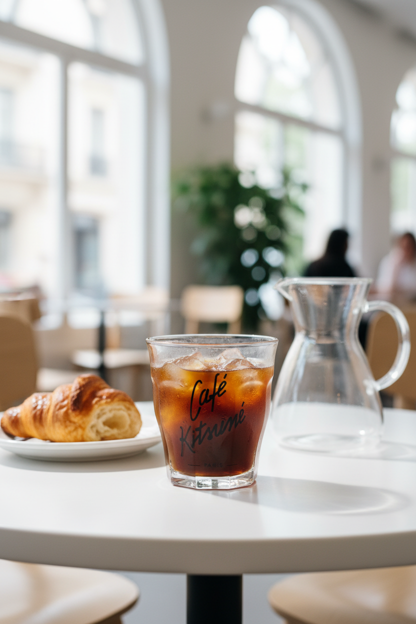 Verre Duralex sérigraphié logo Café Kitsuné transparent avec café glacé sur glaçons, posé sur une table ronde blanche avec croissant et carafe en verre, intérieur haussmannien lumineux grandes fenêtres arrondies