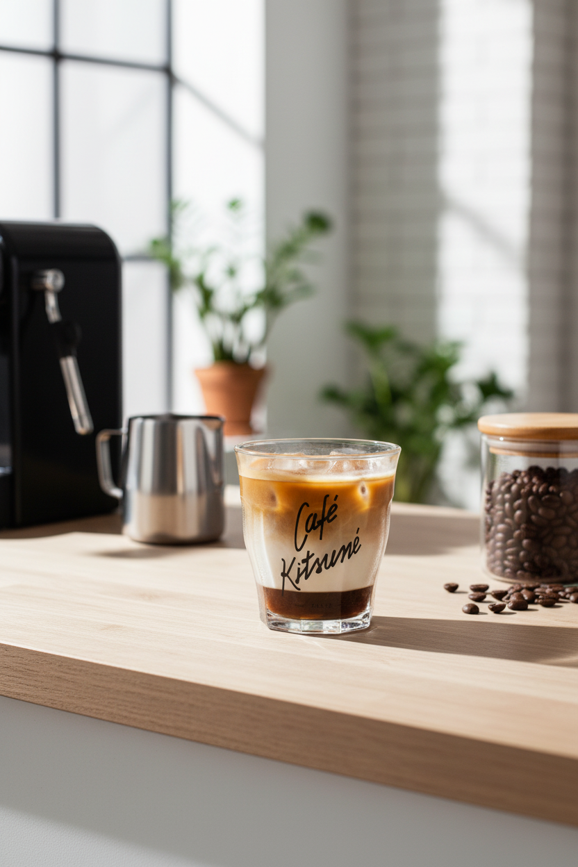 Verre Duralex sérigraphié logo Café Kitsuné transparent avec latte glacé bicouche espresso et lait, posé sur un plan de travail en bois clair avec machine à expresso noire, pichet en inox, bocal de grains de café et plantes vertes, lumière naturelle