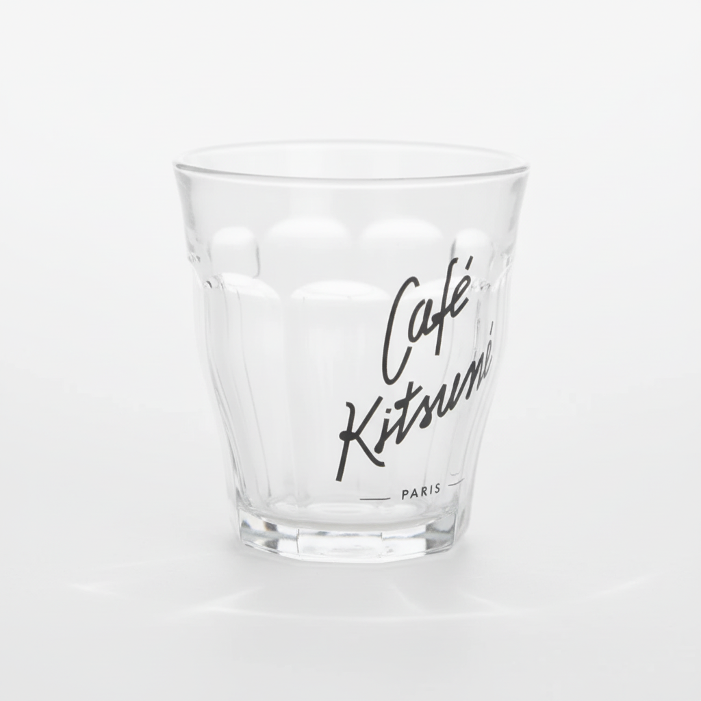 Verre Duralex sérigraphié logo Café Kitsuné Paris transparent avec inscription noire, fond blanc vue de face