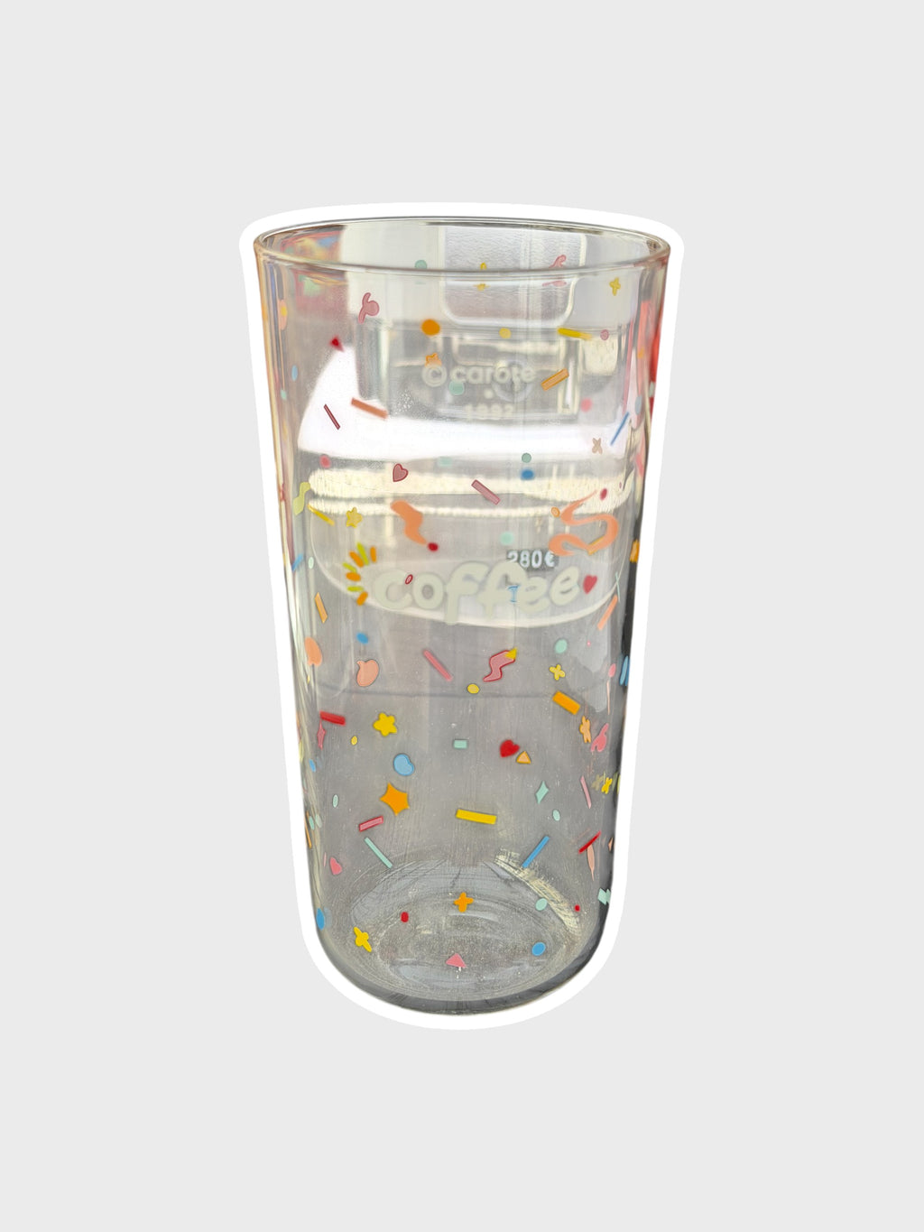 Verre double paroi DIOIB 280ml avec confettis multicolores et inscription coffee en relief, vue de face fond gris
