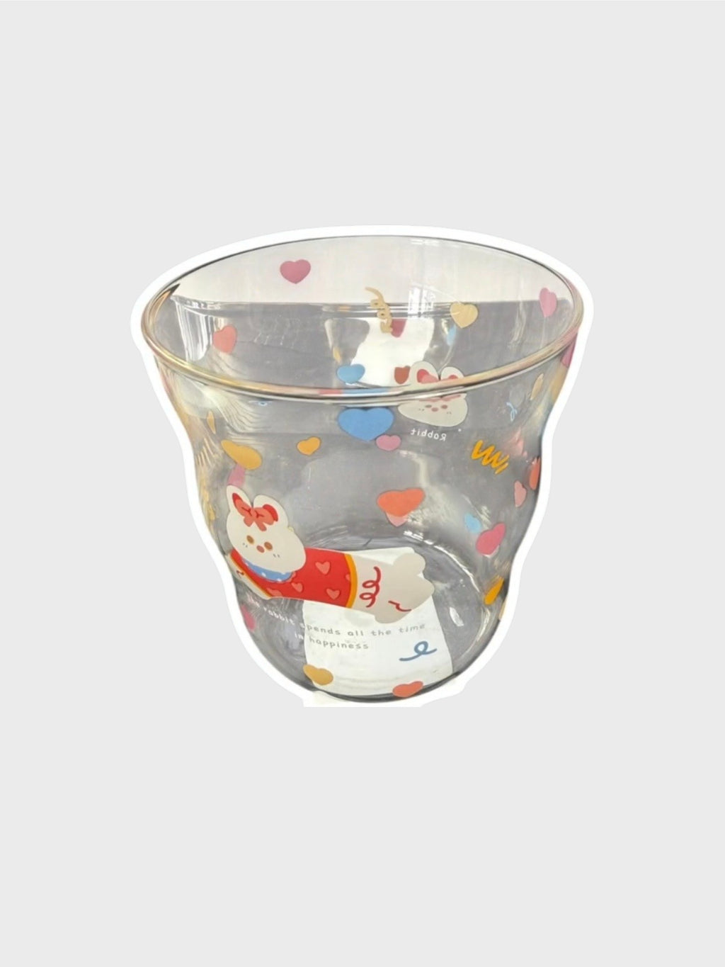 Verre double paroi DIOIB motif lapin kawaii avec cœurs multicolores et inscription happiness, vue de face fond bleu