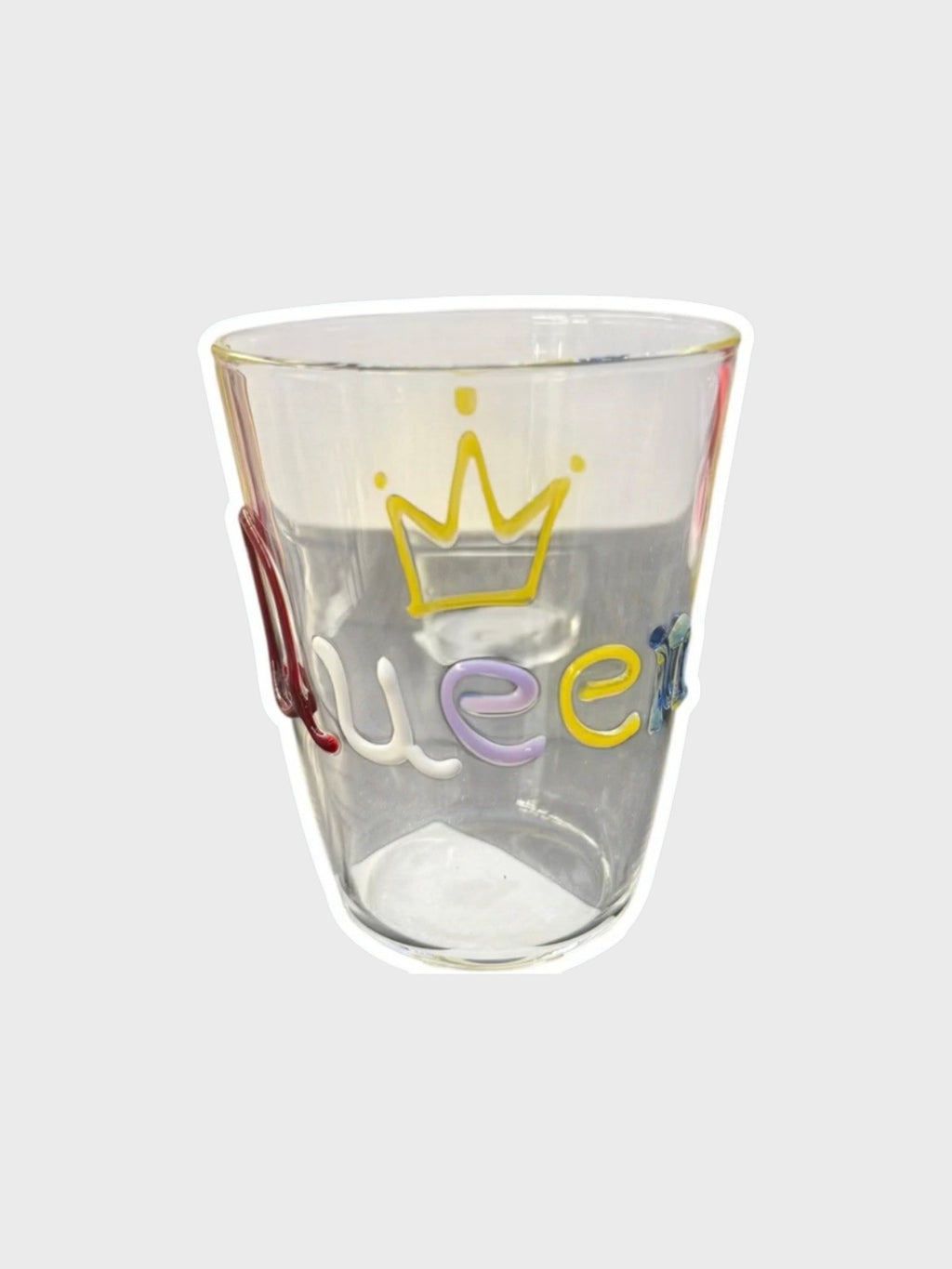 Verre inscription Queen lettres relief soufflé DIOIB transparent en verre borosilicate, vue de face