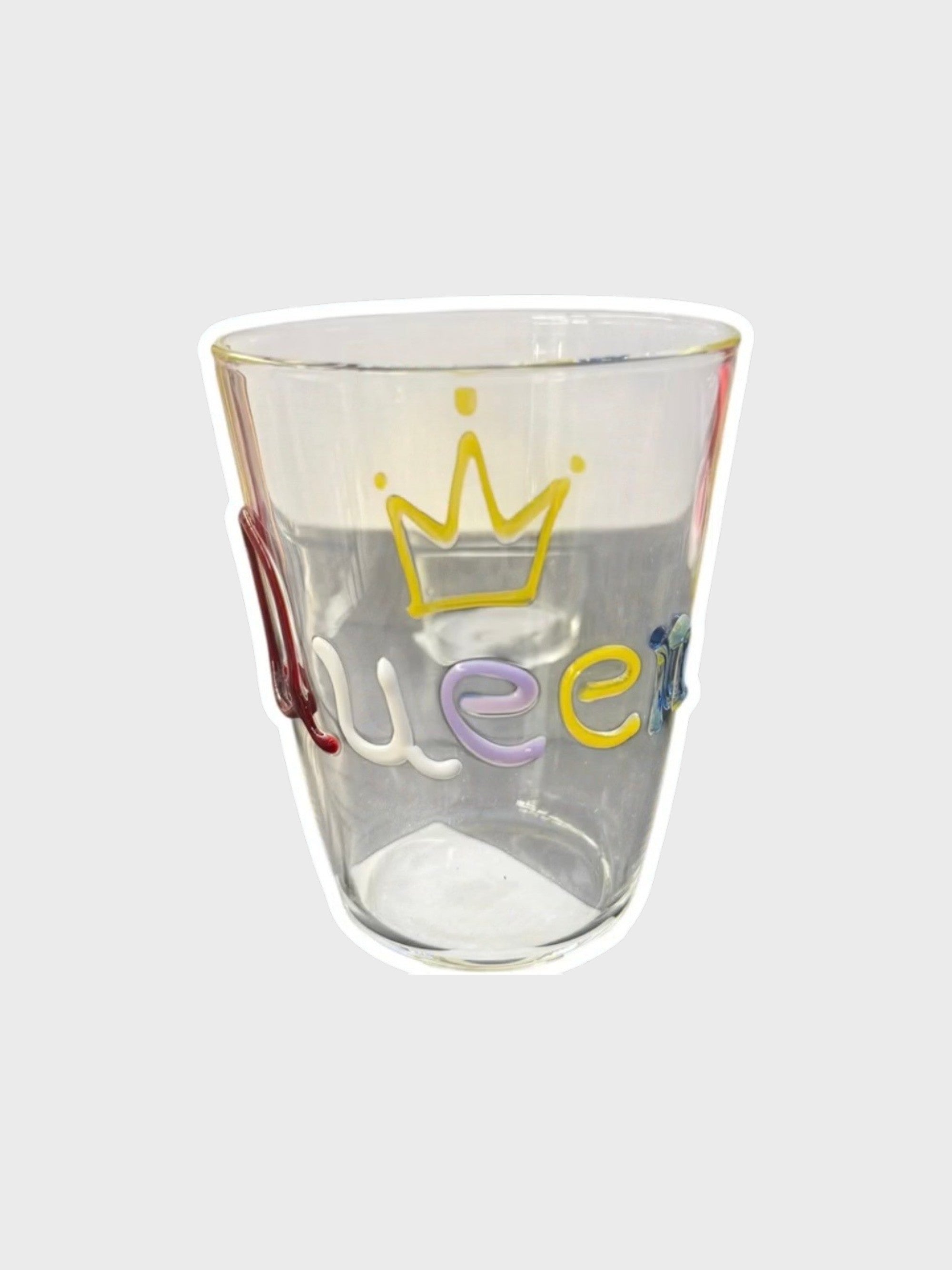 Verre inscription Queen lettres relief soufflé DIOIB transparent en verre borosilicate, vue de face