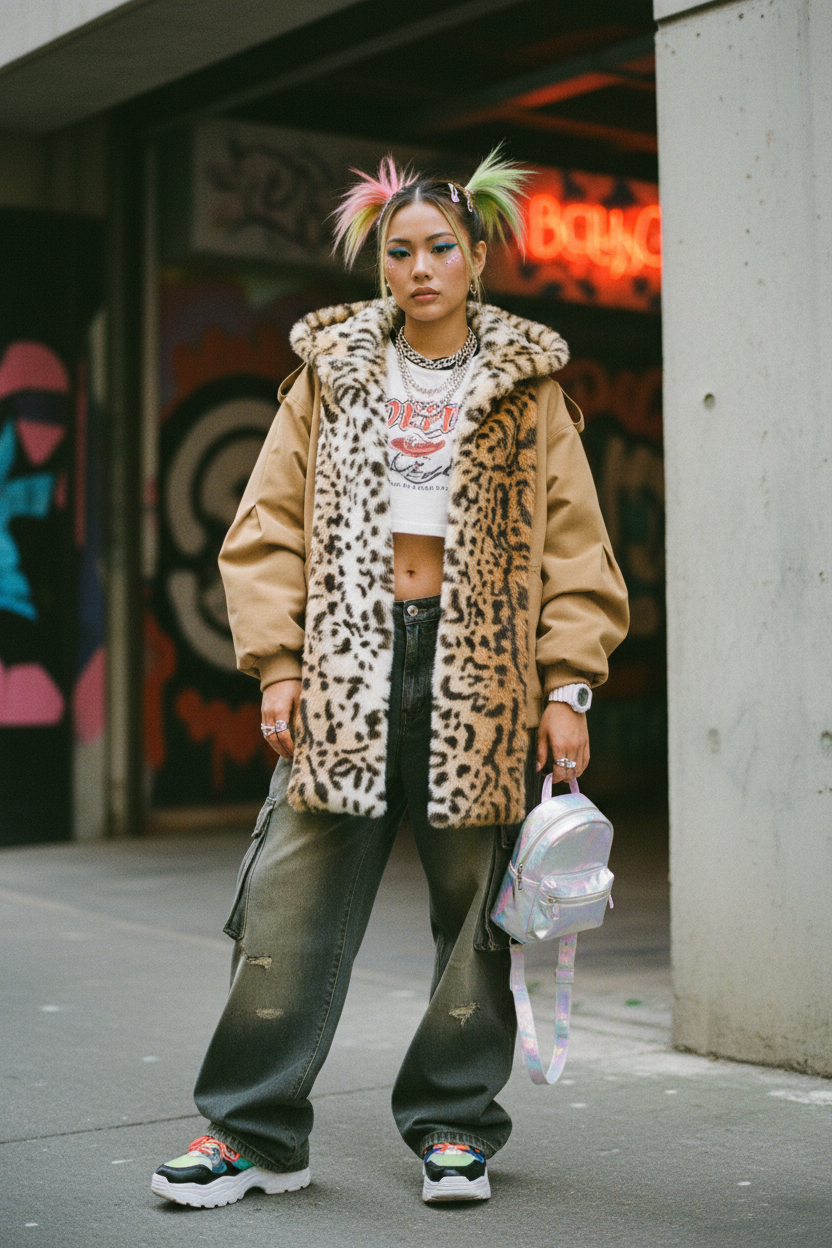 Veste bomber réversible à capuche Relabel camel en coton canvas et fausse fourrure léopard, portée par une femme en tenue streetstyle Y2K dans une rue urbaine, vue de face