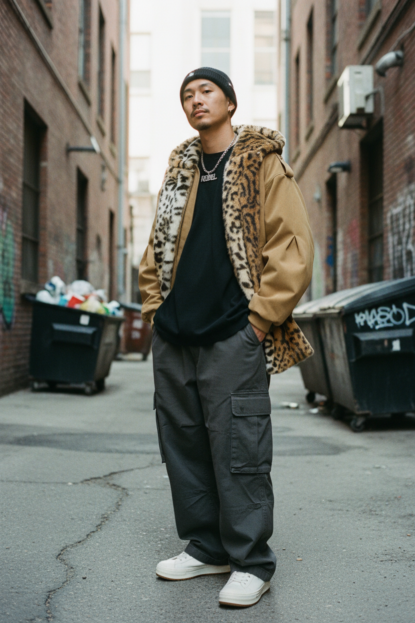 Veste bomber réversible à capuche Relabel camel en coton canvas et fausse fourrure léopard, portée par un homme en tenue streetstyle dans une ruelle urbaine, vue de face