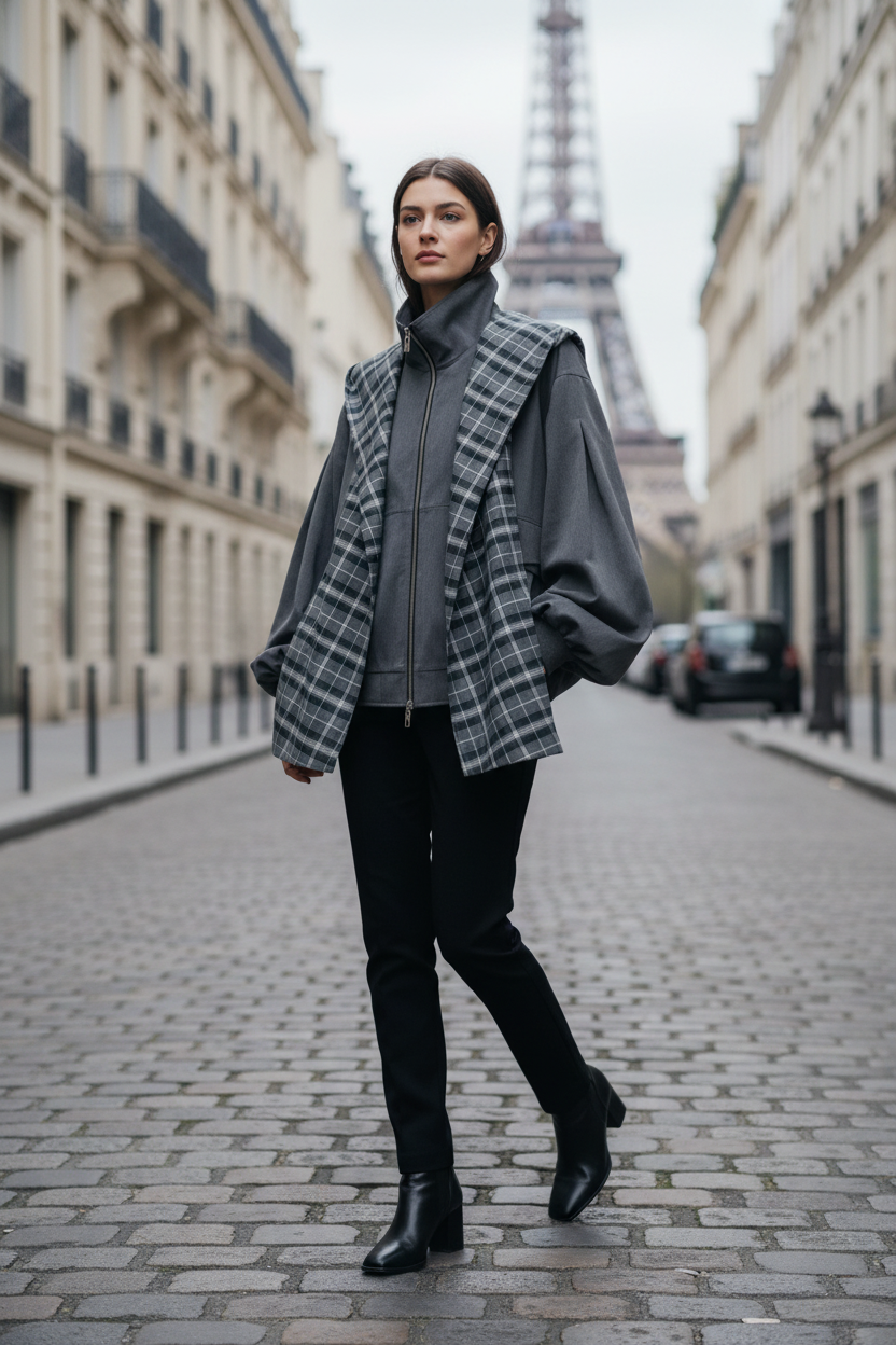 Veste cape à carreaux Relabel grise laine à carreaux gris col montant zippé manches oversize, portée par un modèle femme dans une rue pavée parisienne avec la Tour Eiffel en arrière-plan