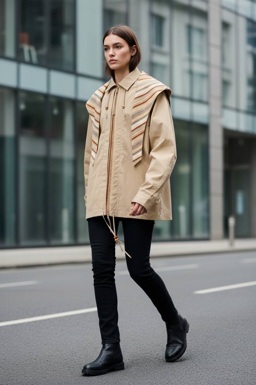 Veste à capuche oversize Relabel beige coton avec empiècement rayures multicolores et cordons, portée par un modèle femme marchant en rue urbaine