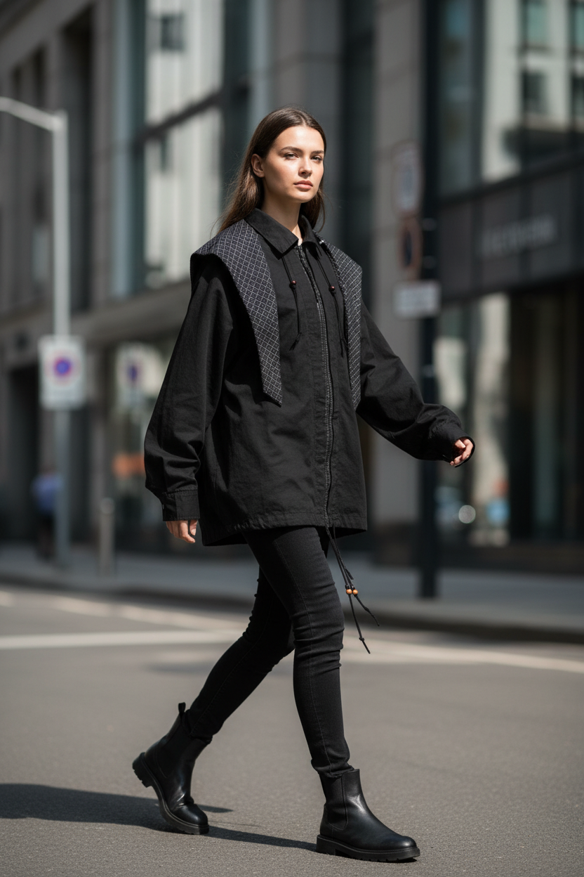 Veste à capuche oversize Relabel noire coton et nylon avec empiècement maille, portée par un modèle femme marchant en rue urbaine