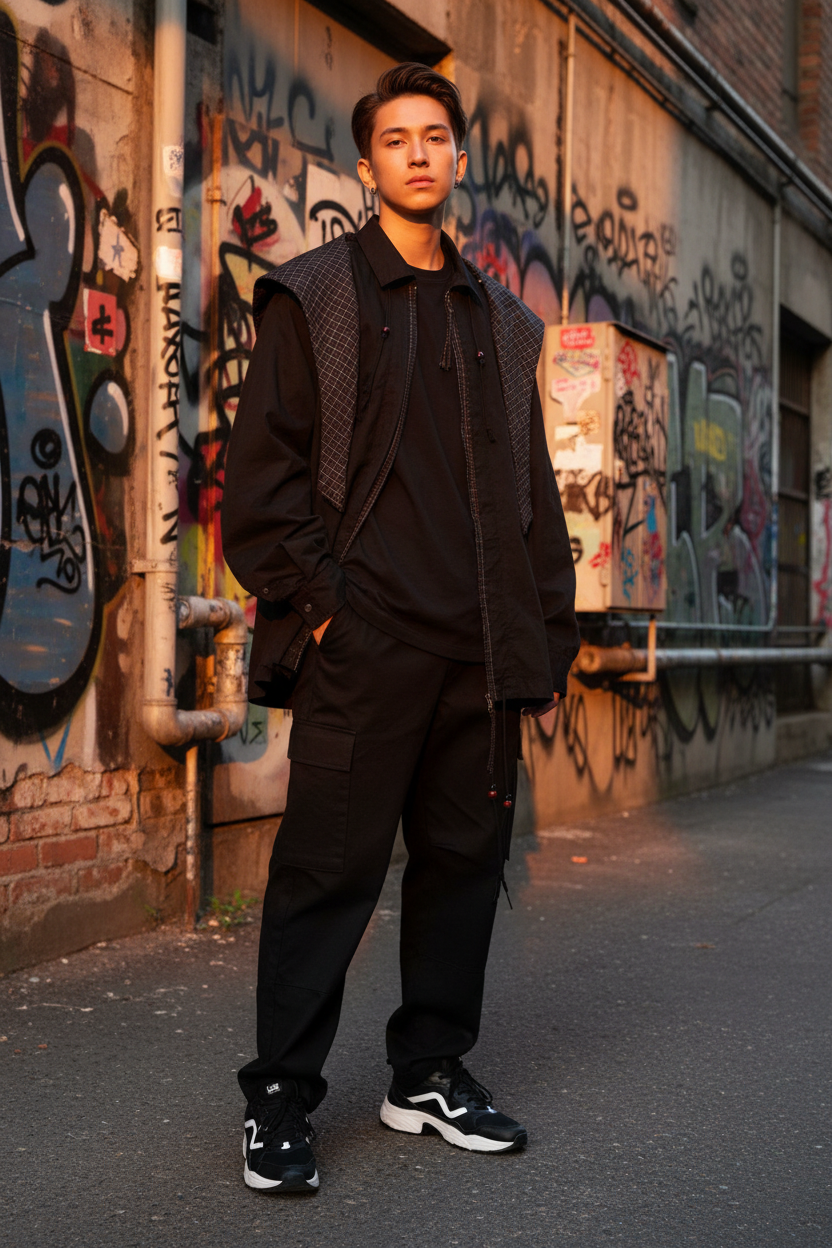 Veste à capuche oversize Relabel noire coton et nylon avec empiècement maille, portée par un modèle homme devant un mur de graffitis