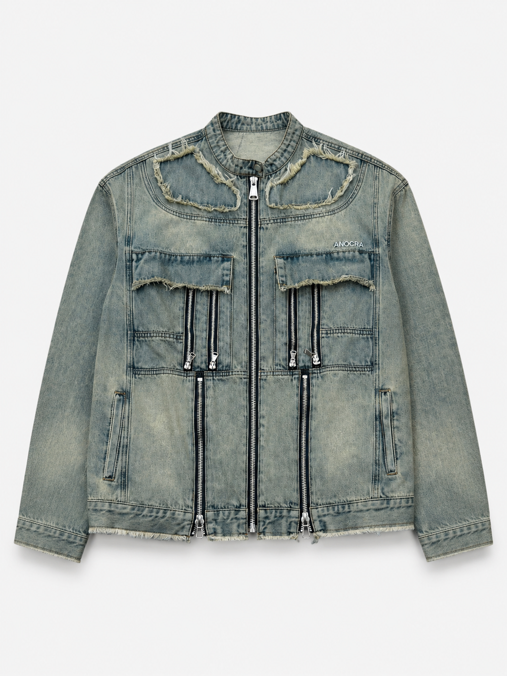 Veste en denim multi-zip style cargo ANOCRA bleu délavé en denim avec poches effilochées, vue de face